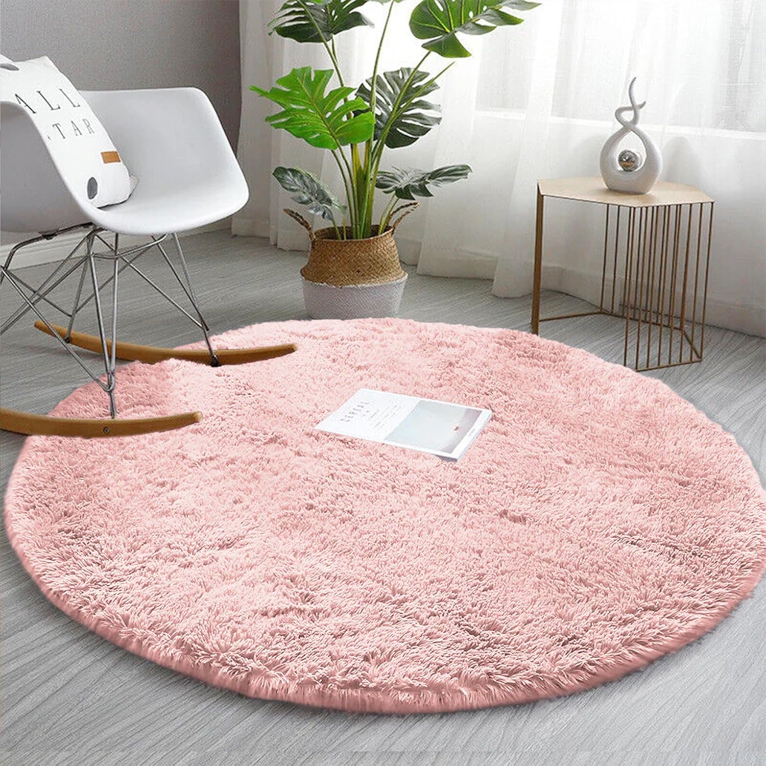 Pink Round Fluffy Rug - Soft Shaggy Circle Carpet