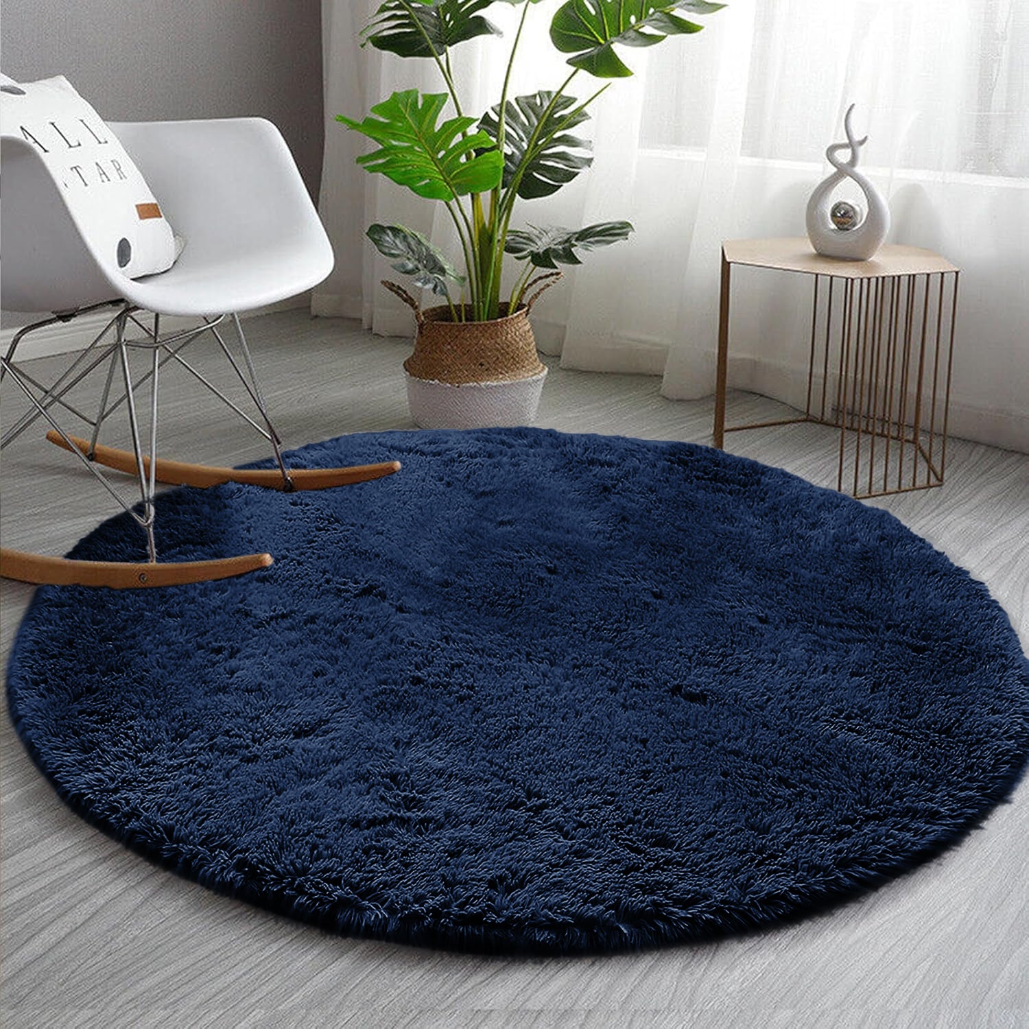 Navy Round Fluffy Shaggy Rug