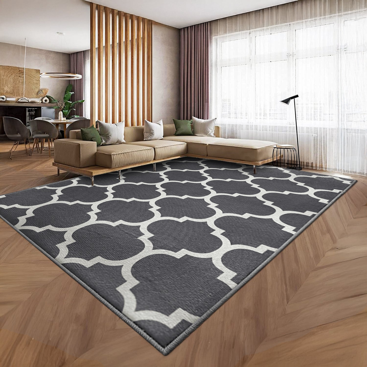 Grey Large Living Room Area Rug Trellis Design
