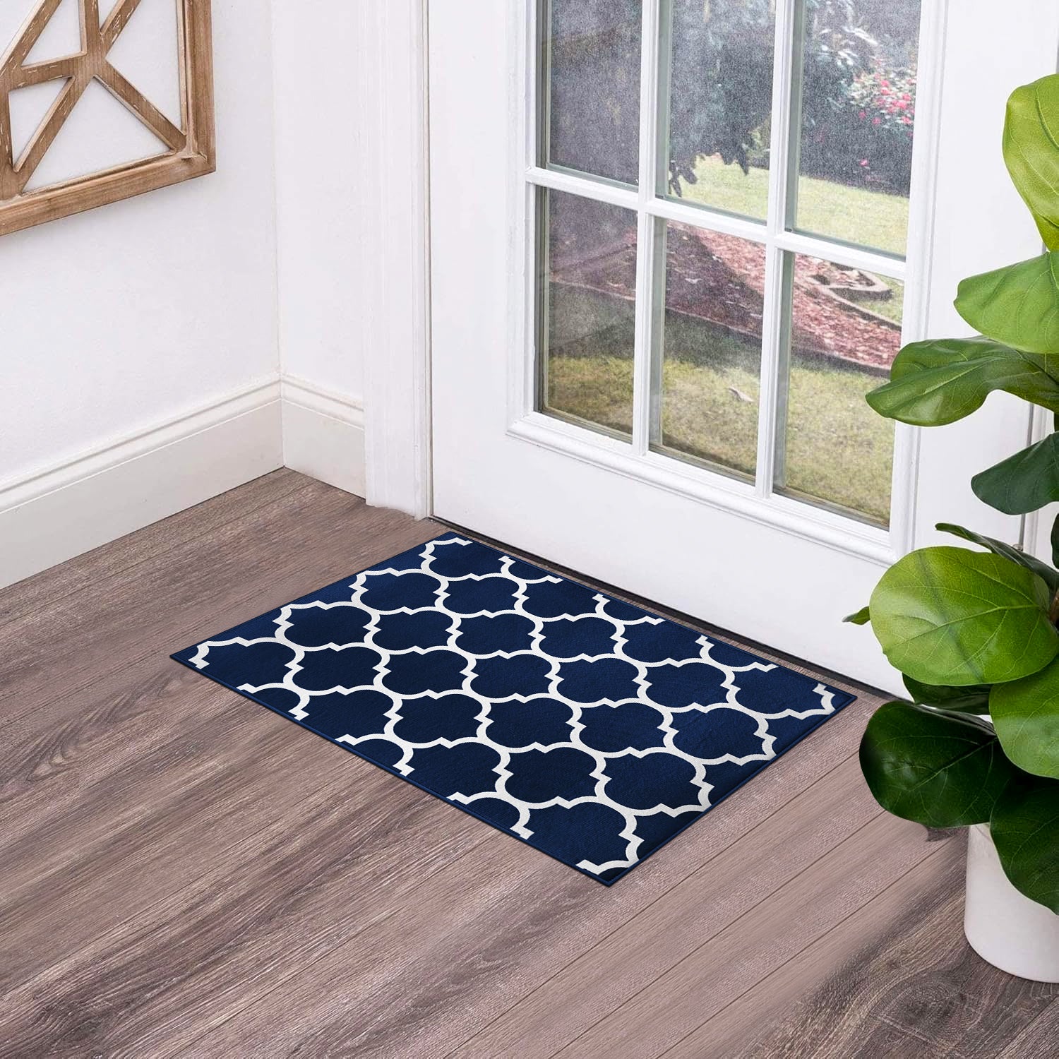 Navy & White Moroccan Trellis Rug - Modern Boho Living Room & Bedroom Carpet