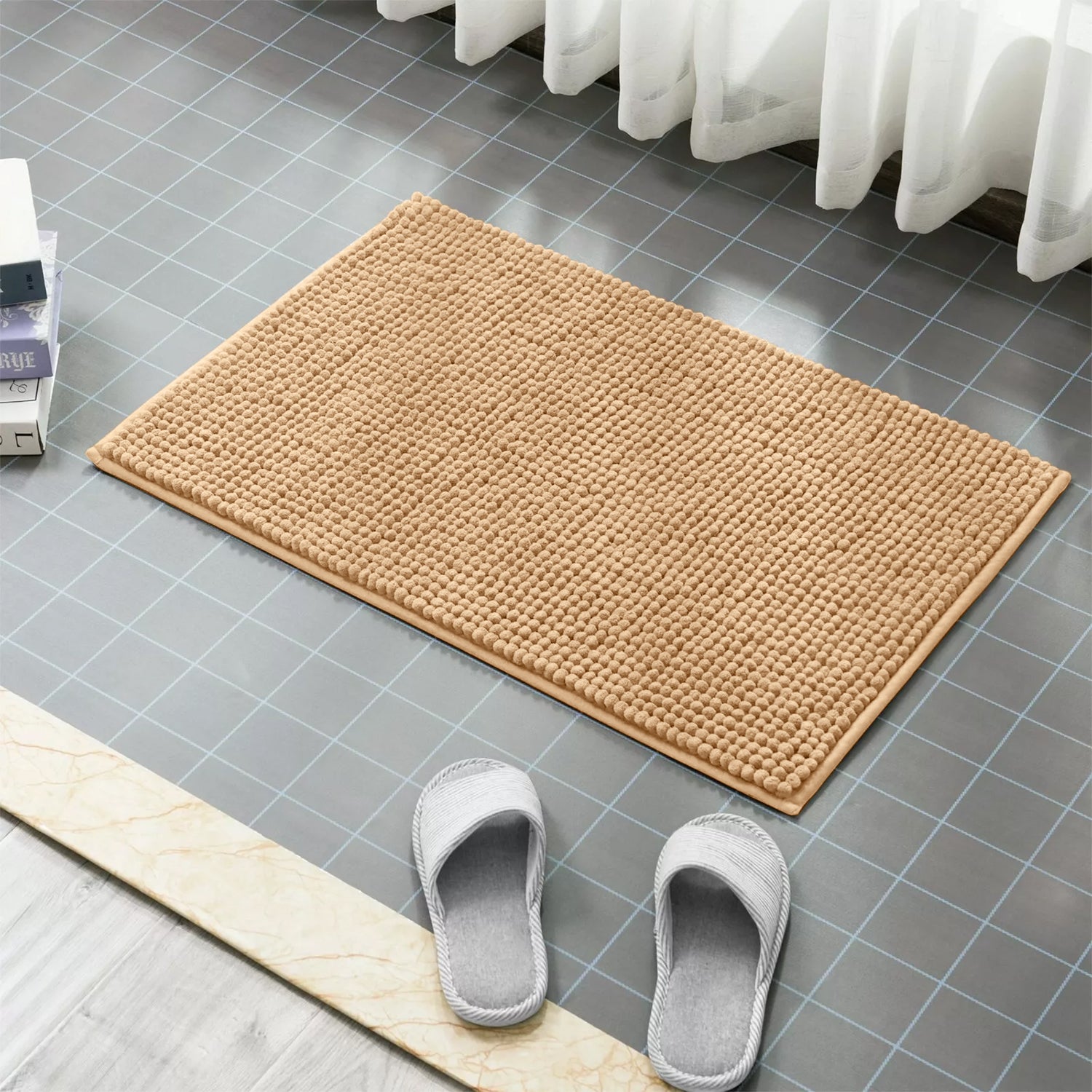Soft Chenille Bath Mat Thick Absorbent Beige