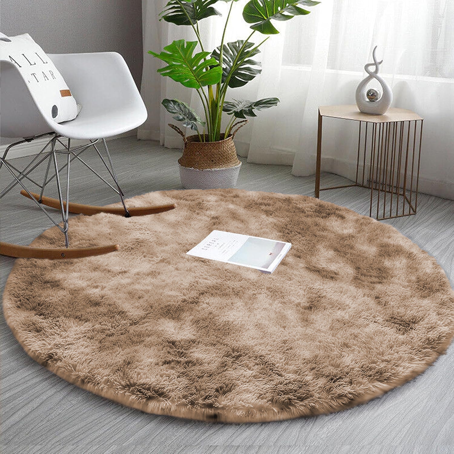 Beige Tie Dye Round Shaggy Rug