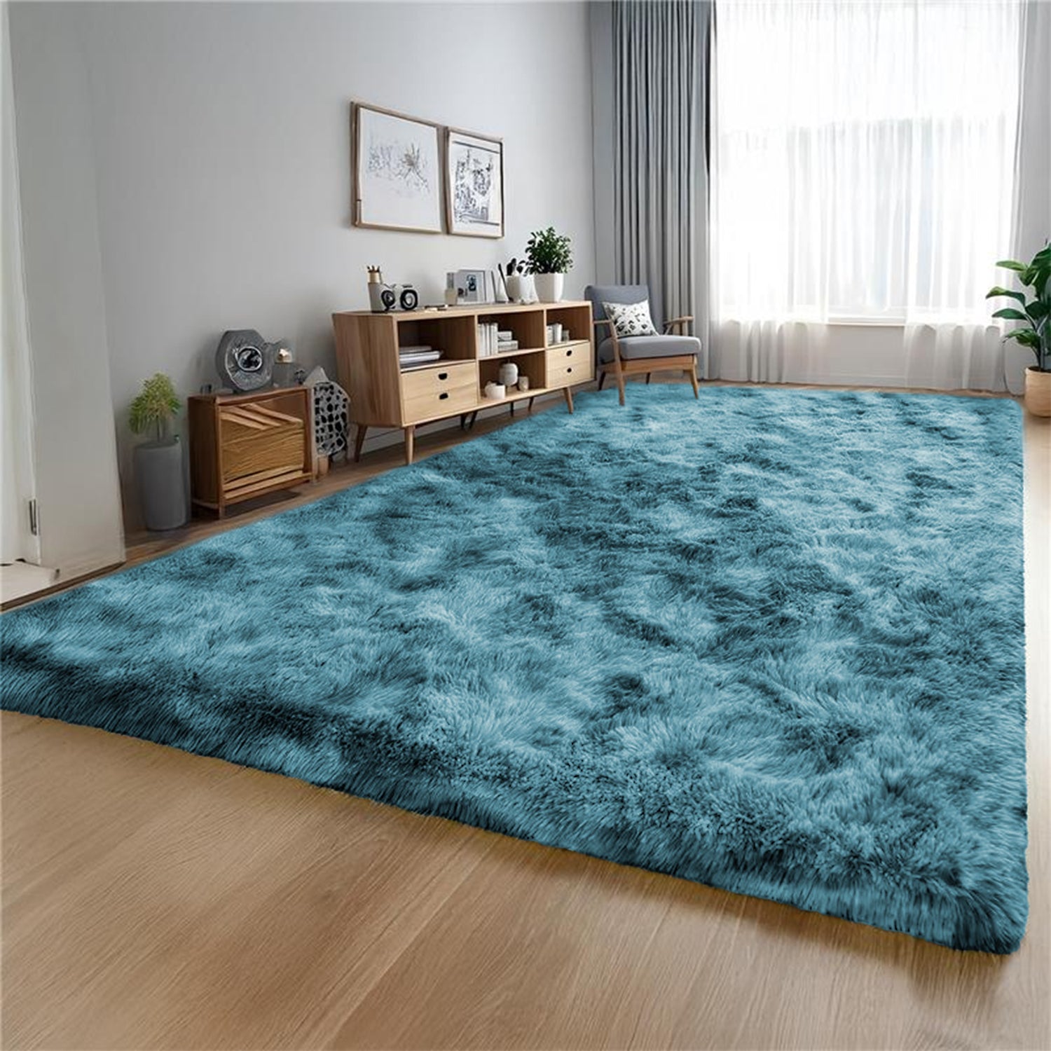 Teal Tie Dye Shaggy Rug Carpet - Cozy Fluffy Living Room Rug