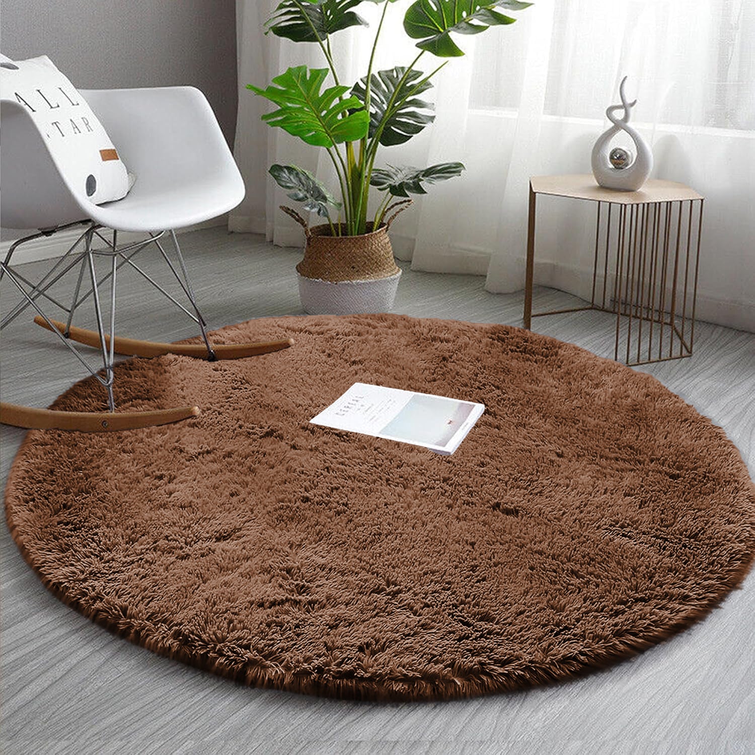 Round Brown Shaggy Rug Cosy Soft