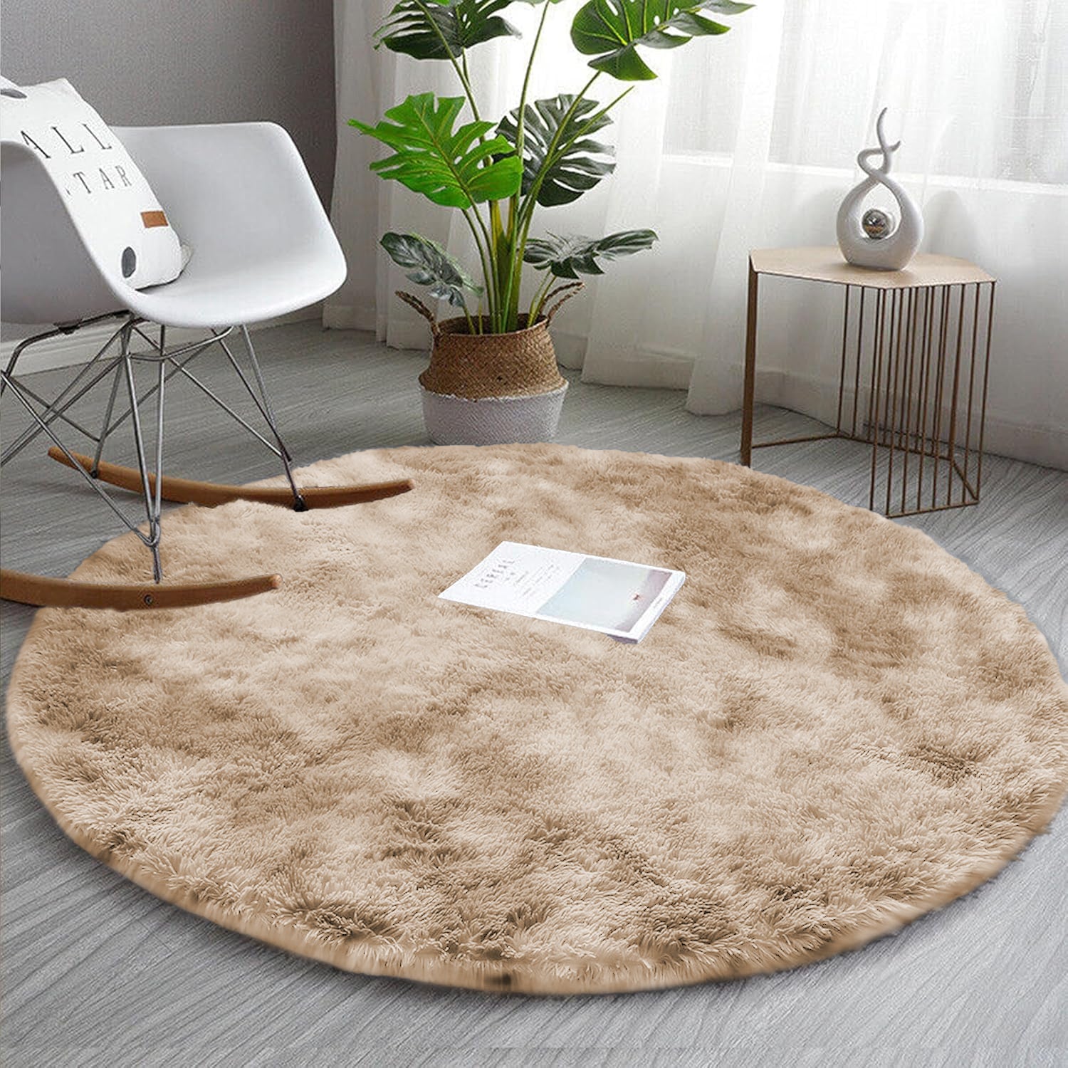 Cream Tie-Dye Round Fluffy Rug Carpet - Boho Circle Shag Rug
