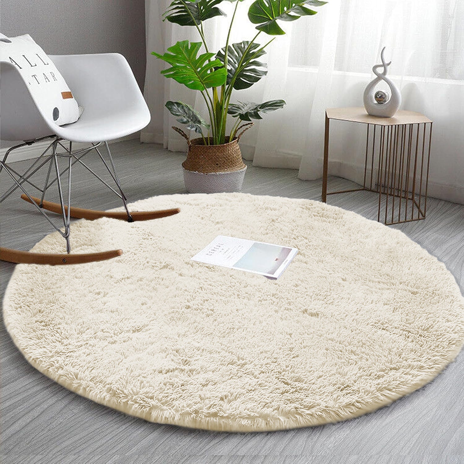 Cream Round Fluffy Rug Carpet - Shaggy Circle Rug
