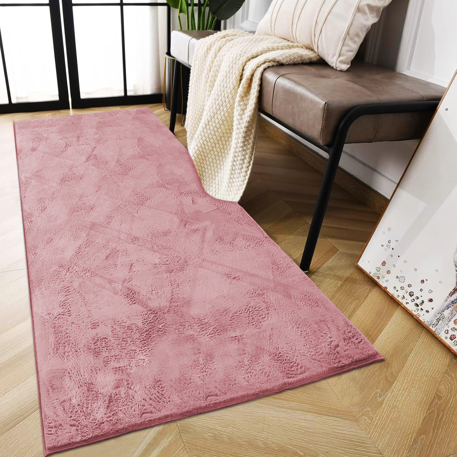 Dusty Rose Rabbit Faux Fur Rug Fluffy Plush Bedroom Runner