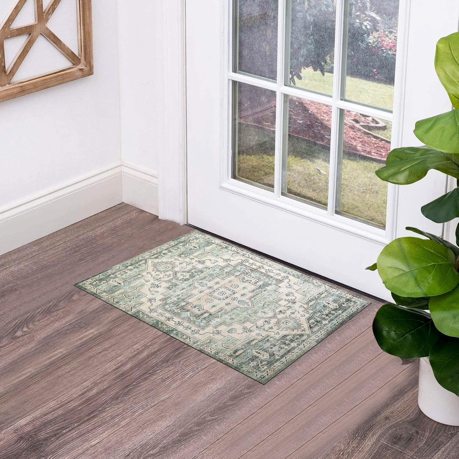 Sage Green Heriz Medallion Washable Rug - Vintage Distressed Persian Geometric Carpet