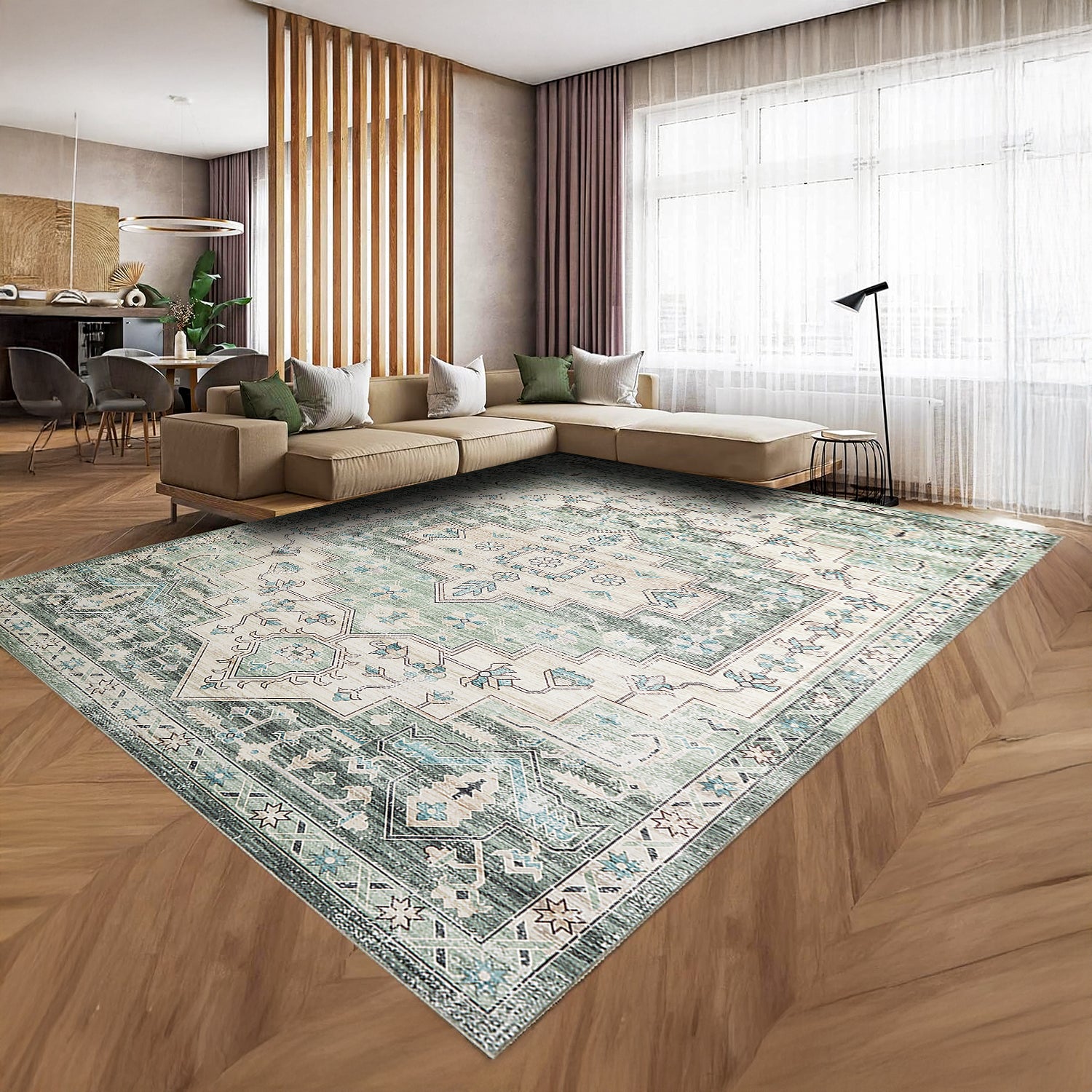 Sage Green Heriz Medallion Washable Rug - Vintage Distressed Persian Geometric Carpet