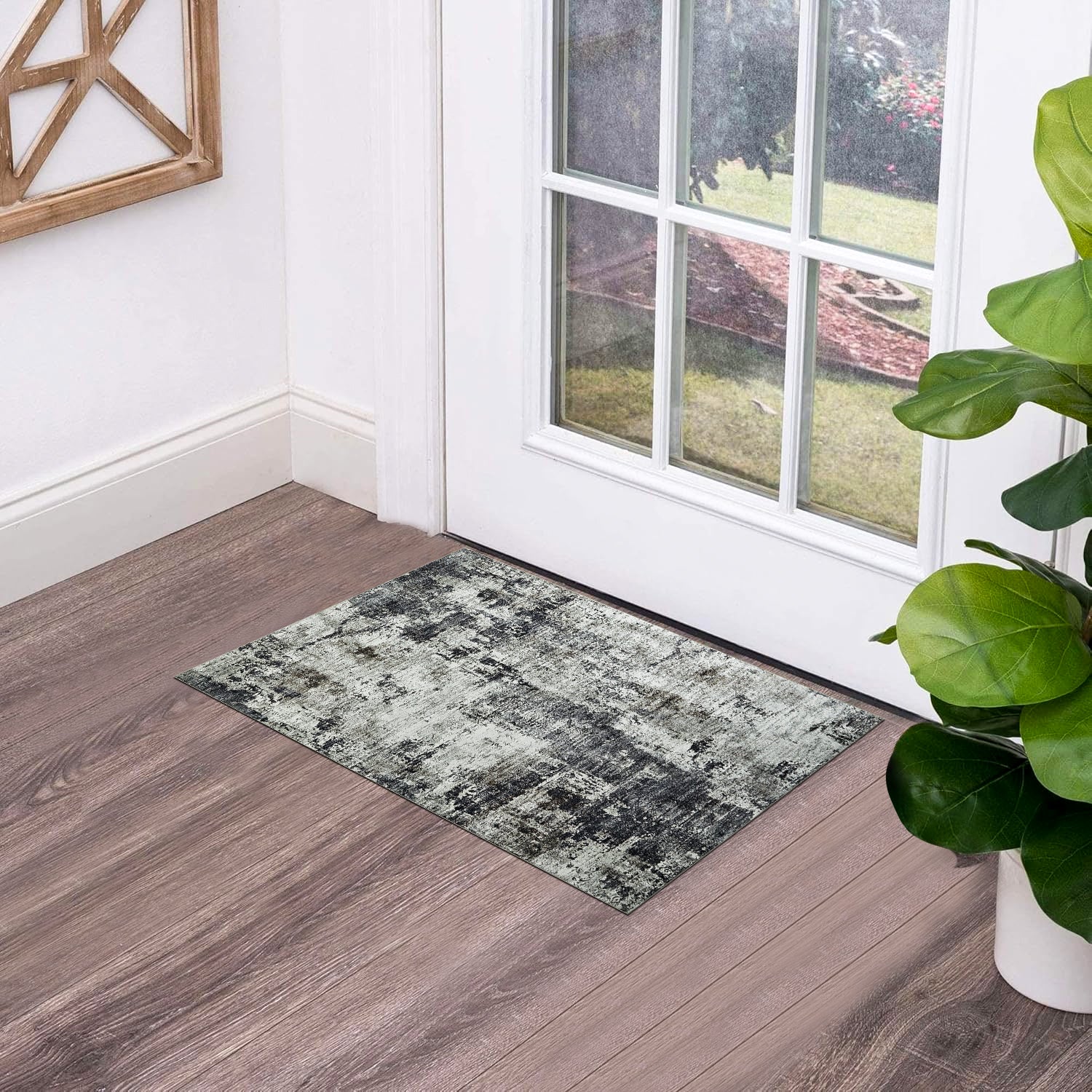 Grey Abstract Distressed Washable Rug - Modern Concrete-Effect Area Carpet