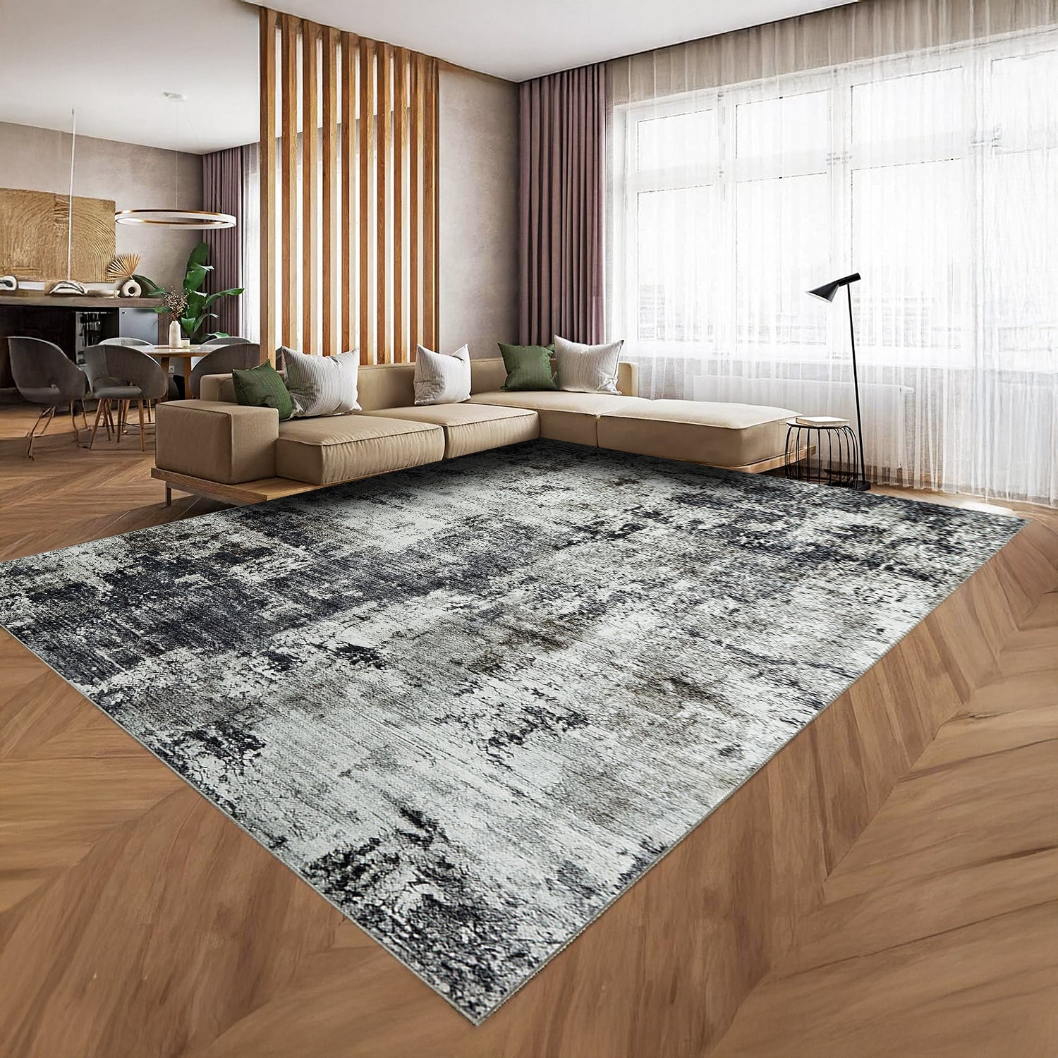 Grey Abstract Distressed Washable Rug - Modern Concrete-Effect Area Carpet