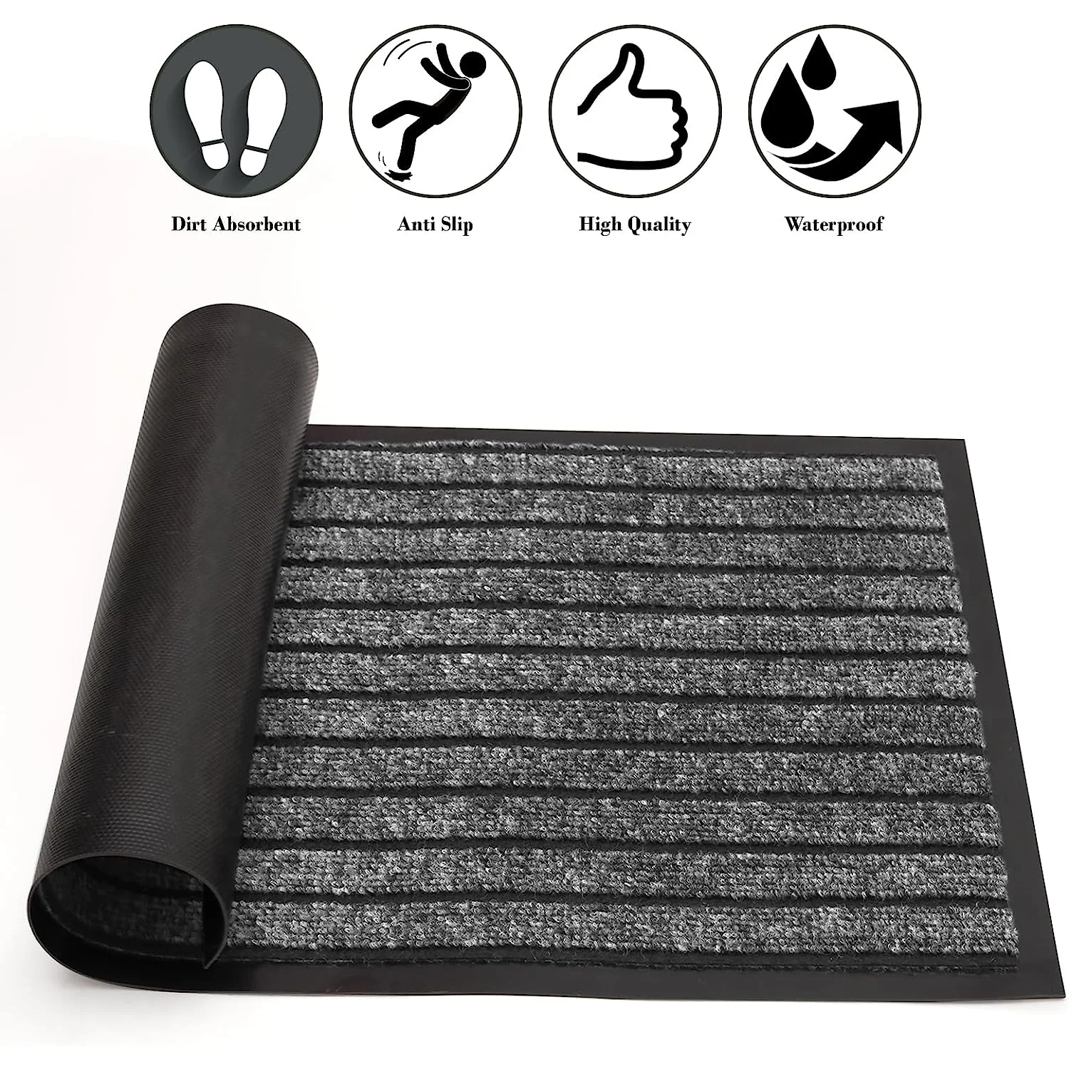 Washable Rubber Door Mat Indoor Outdoor Front Entryway Grey