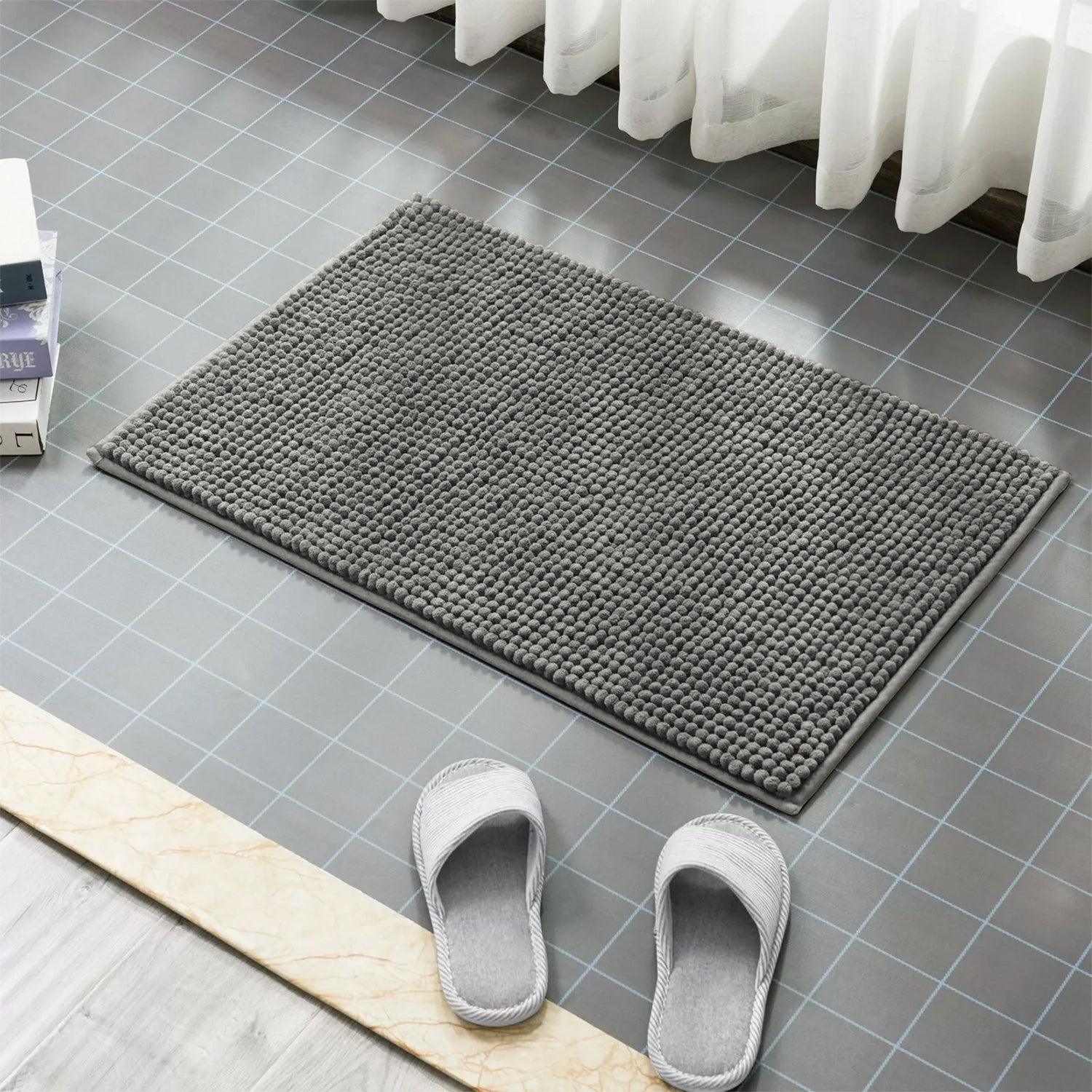 Soft Chenille Bath Mat Thick Absorbent Grey