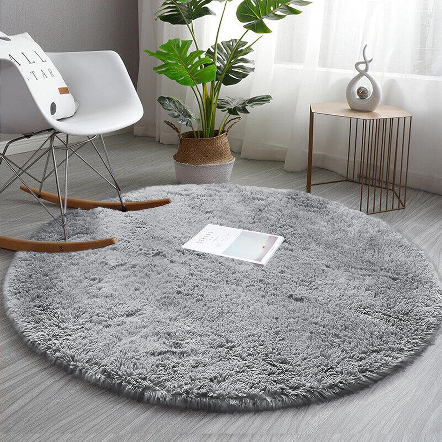 Round Grey Shaggy Rug Cosy Soft