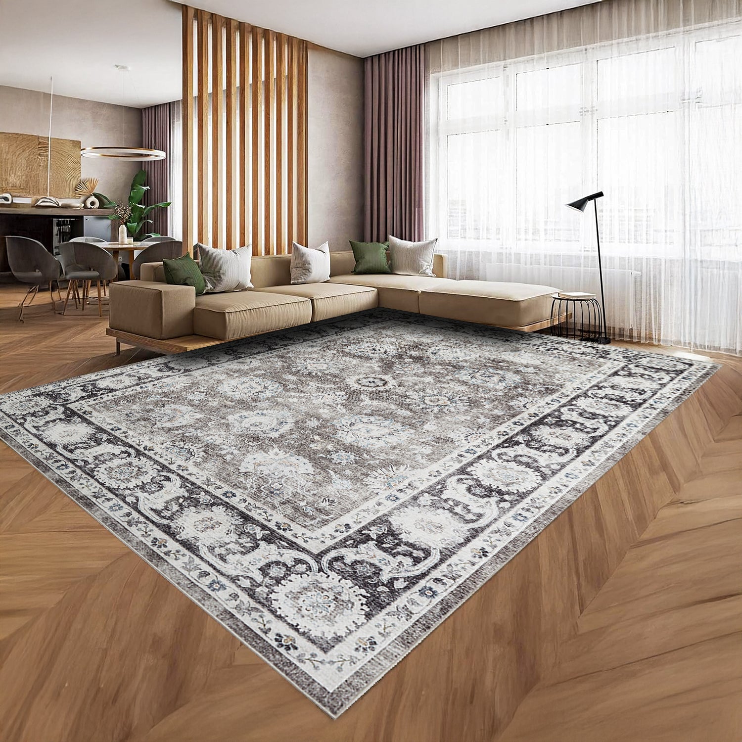 Charcoal & Brown Distressed Persian Floral Washable Rug - Traditional Border Carpet