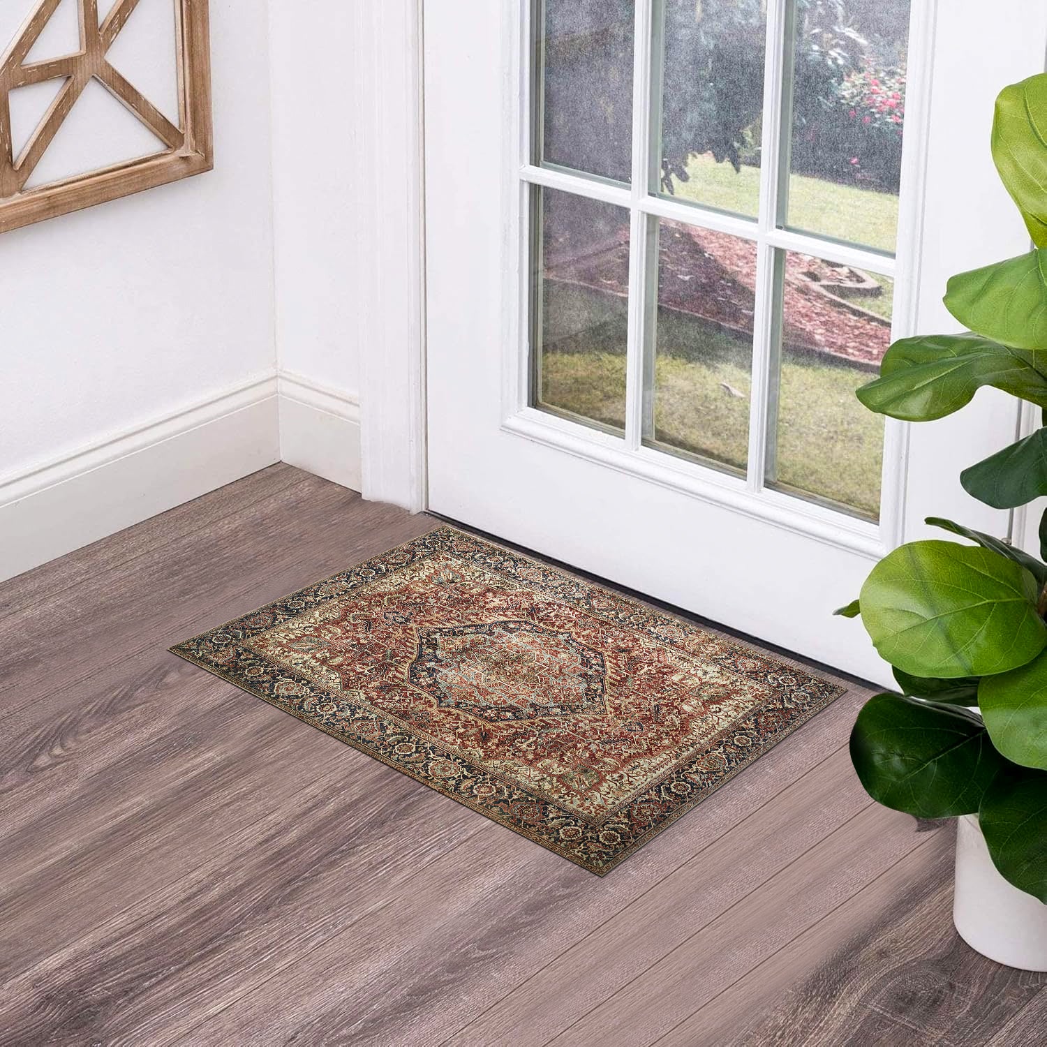 Rust & Navy Heriz Medallion Washable Rug - Traditional Persian Geometric Carpet