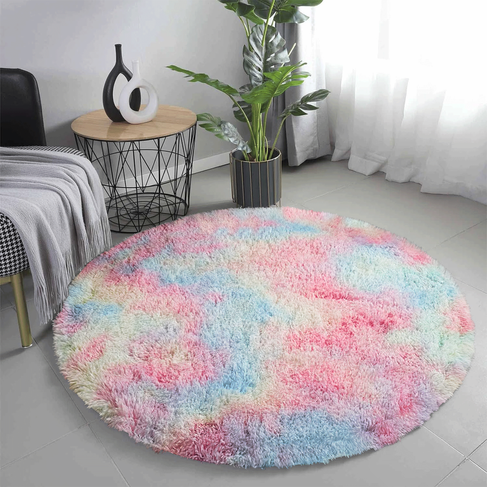 Rainbow Tie Dye Round Shaggy Rug