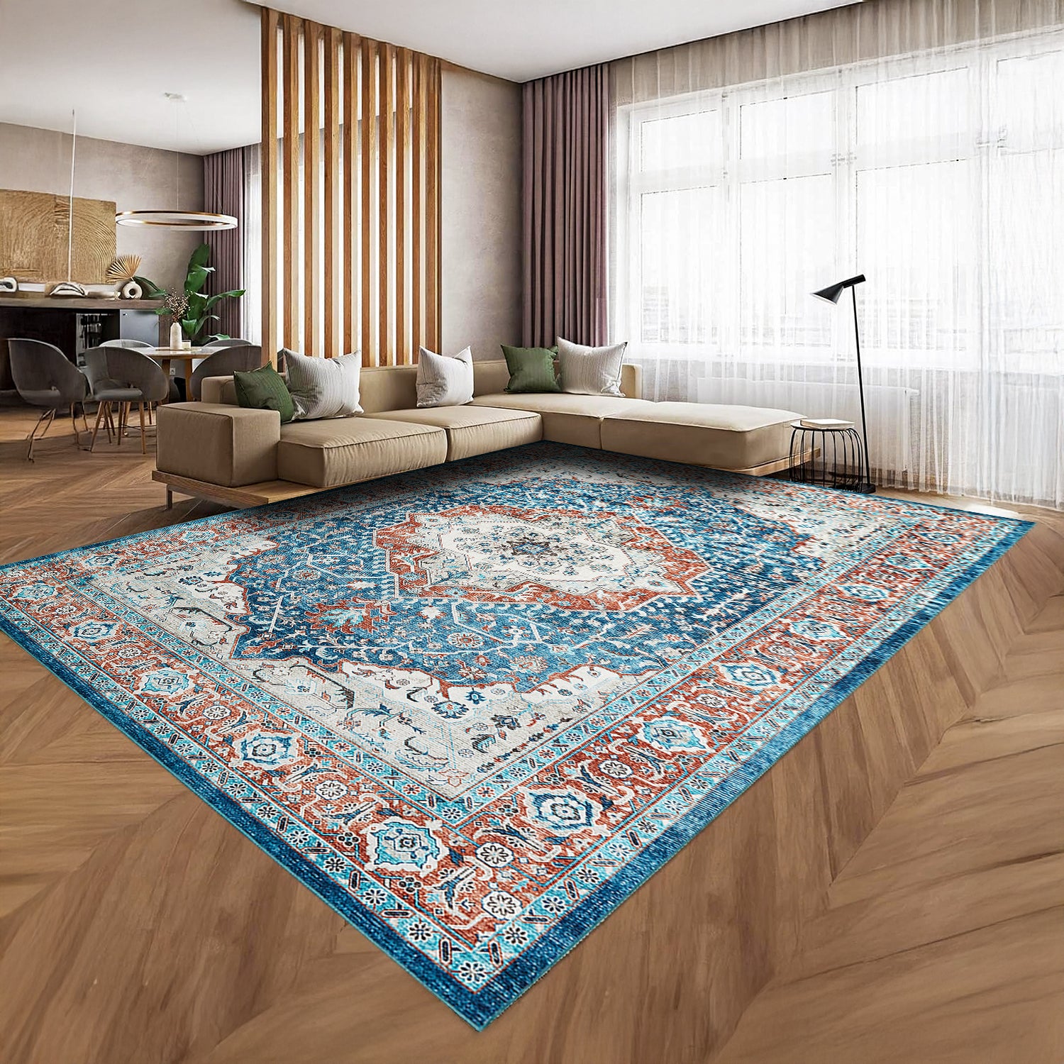 Turquoise & Terracotta Heriz Medallion Washable Carpet Rug