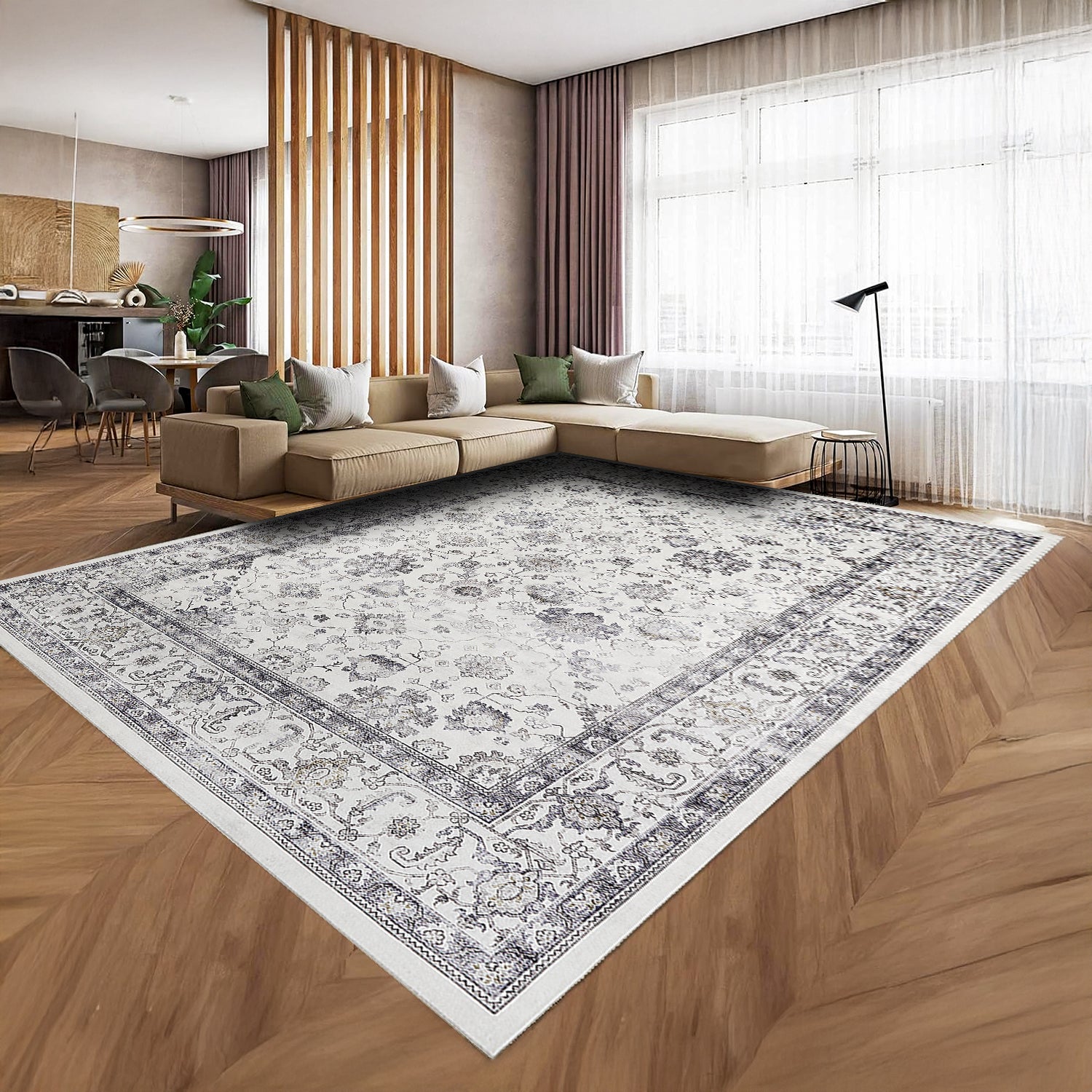 Grey & Ivory Distressed Persian Floral Washable Rug - Traditional All-Over Border Carpet