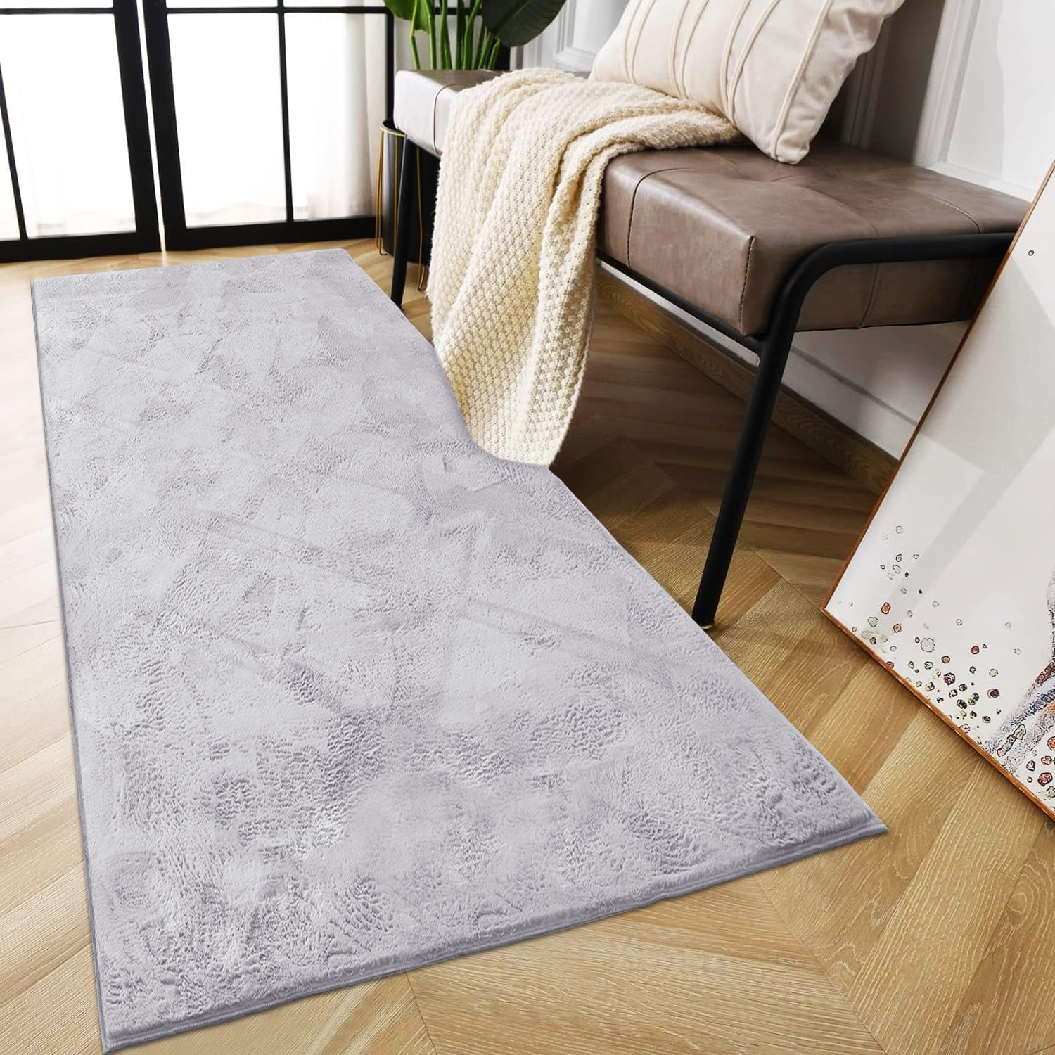 Silver Rabbit Faux Fur Rug Fluffy Plush Bedroom Runner