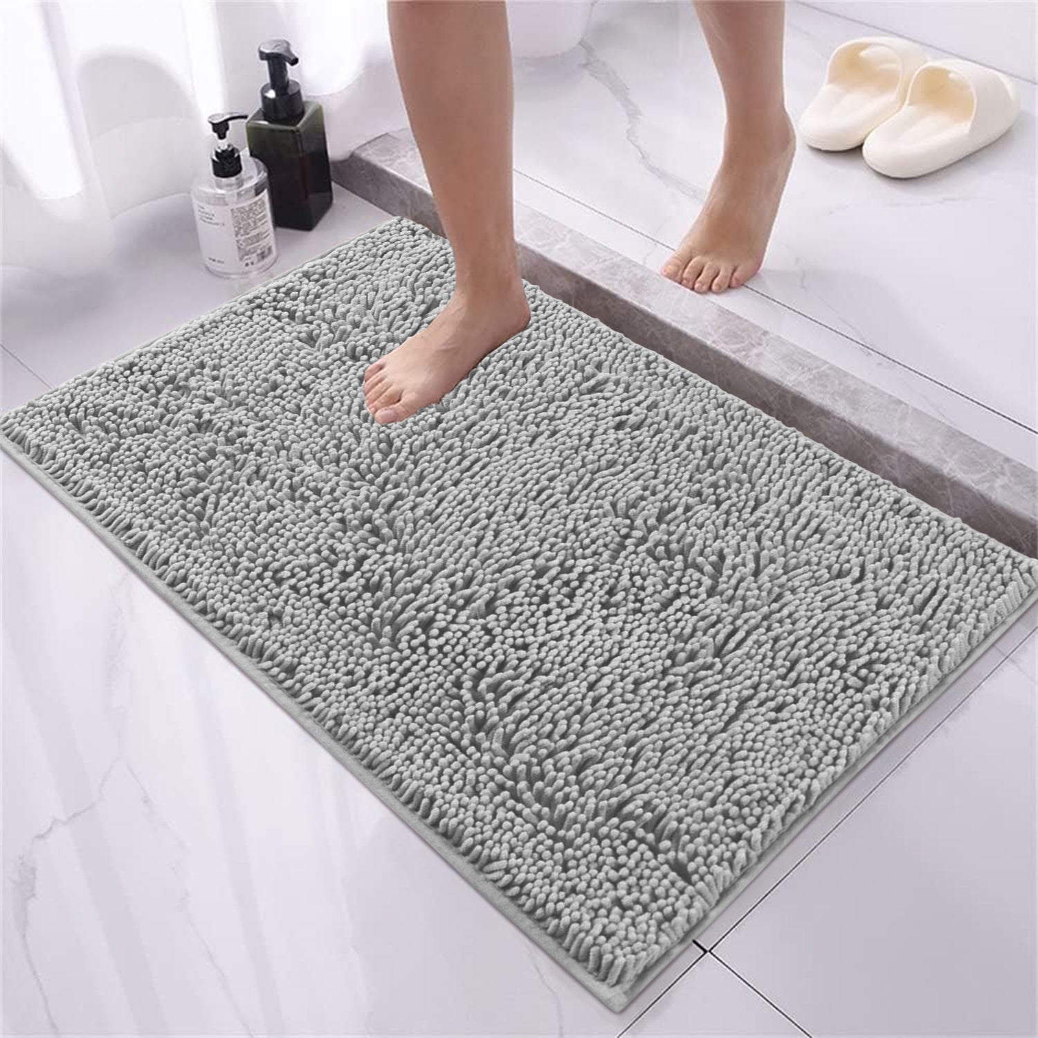 Soft Chenille Bath Mat Thick Absorbent Silver