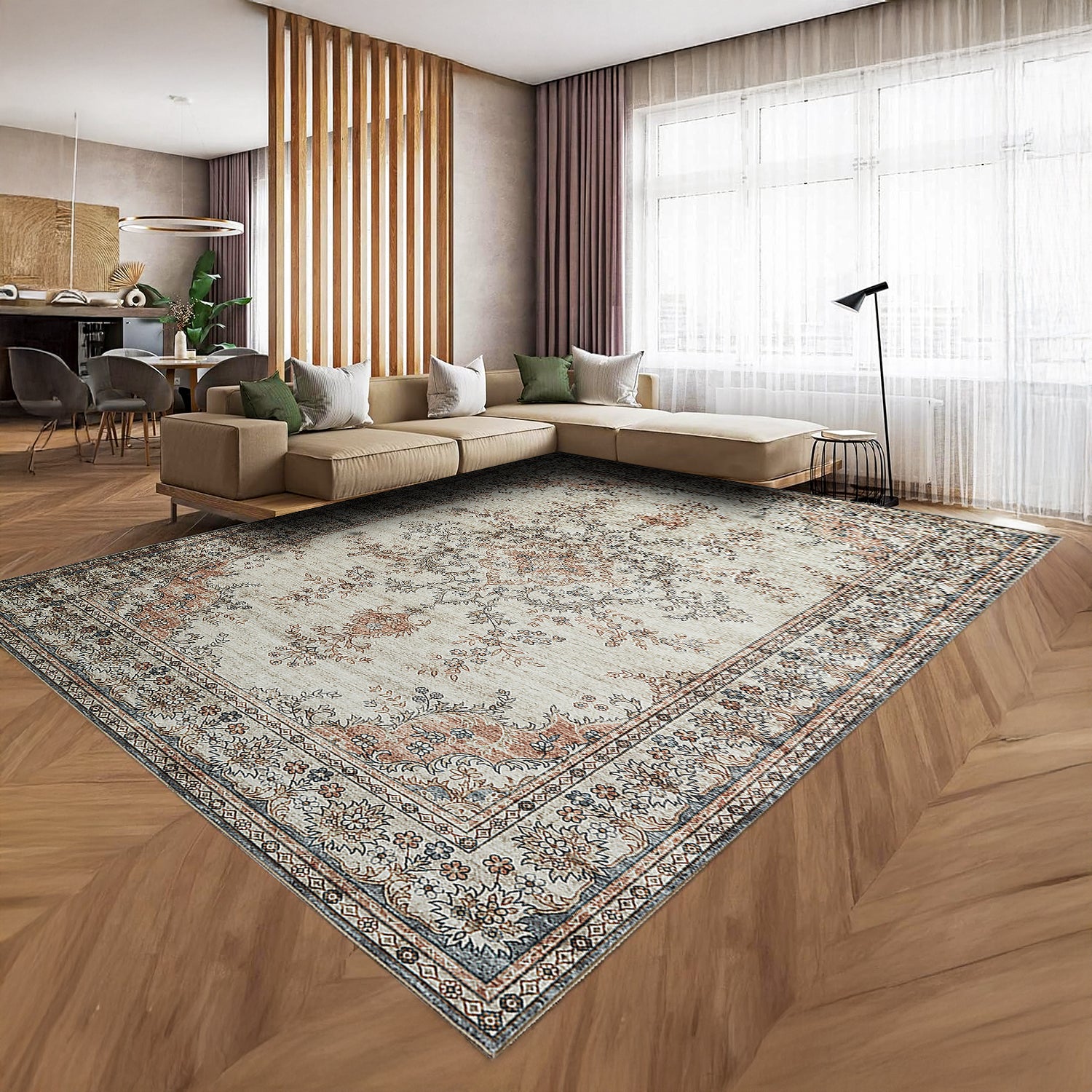 Beige & Terracotta Persian Floral Medallion Washable Rug - Vintage Distressed Carpet