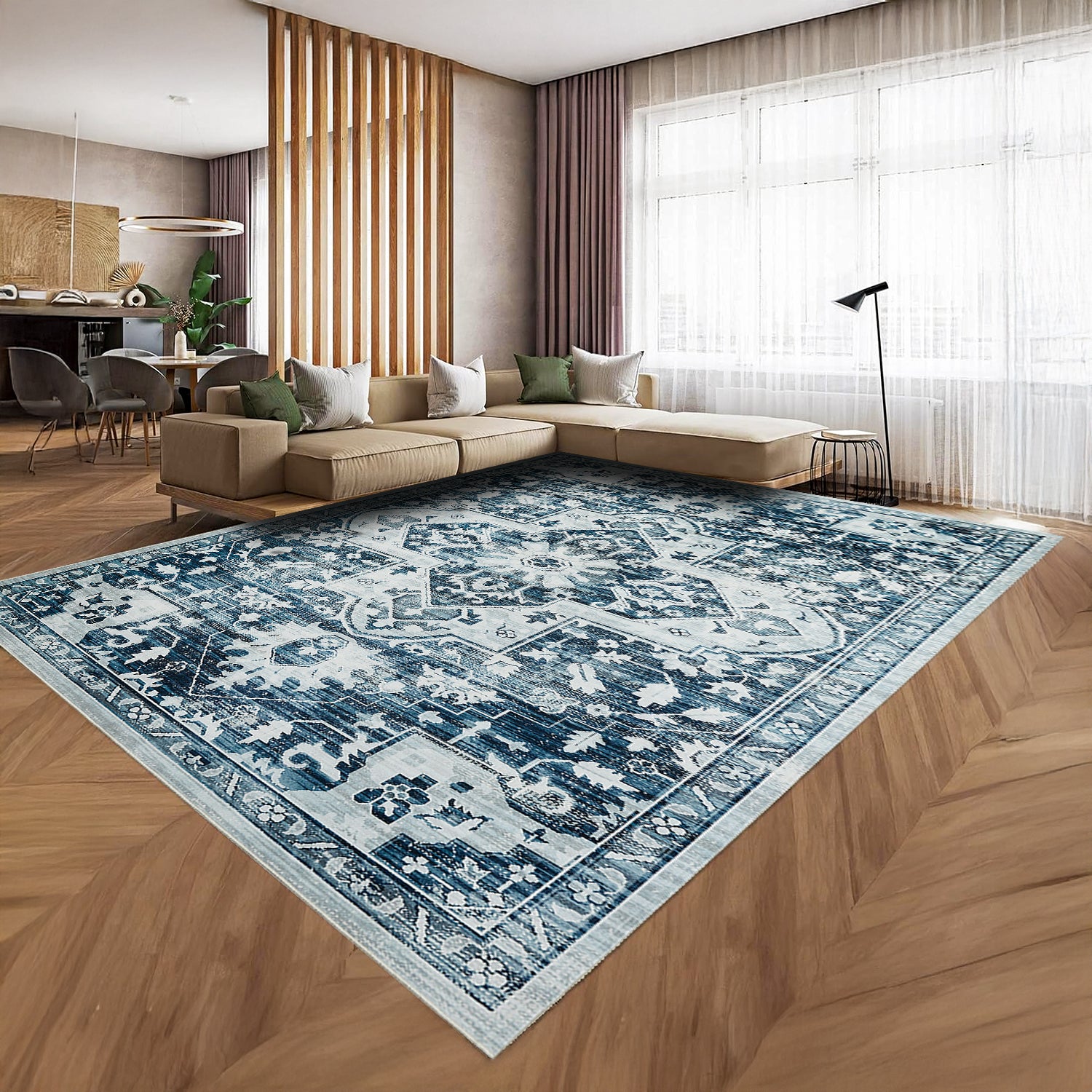Blue Distressed Heriz Medallion Washable Rug - Persian Geometric Area Carpet