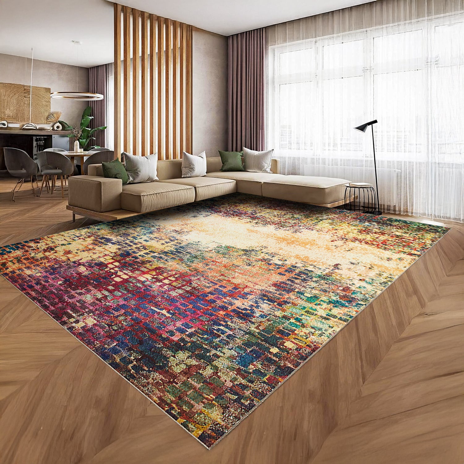 Multicolour Abstract Pixel Mosaic Washable Rug - Modern Fade Design Carpet
