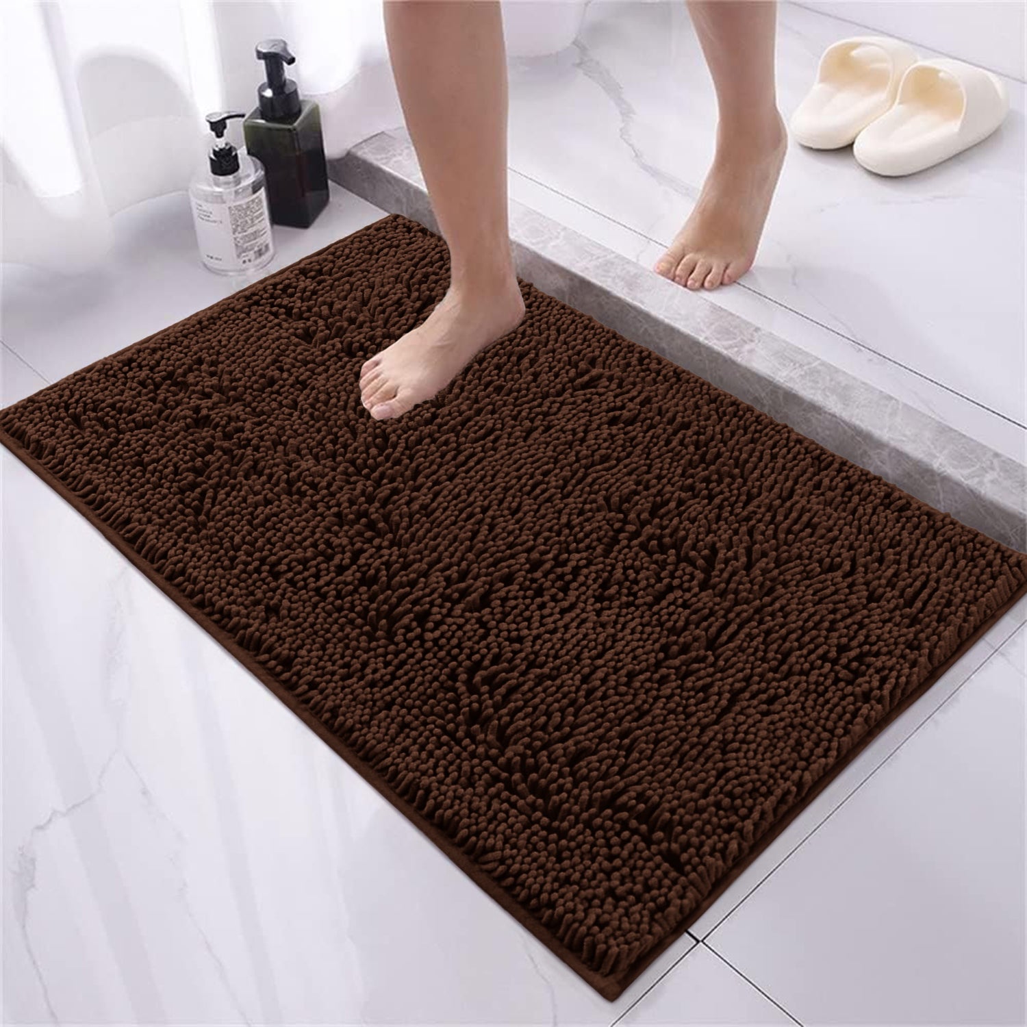 Soft Chenille Bath Mat Thick Absorbent Brown