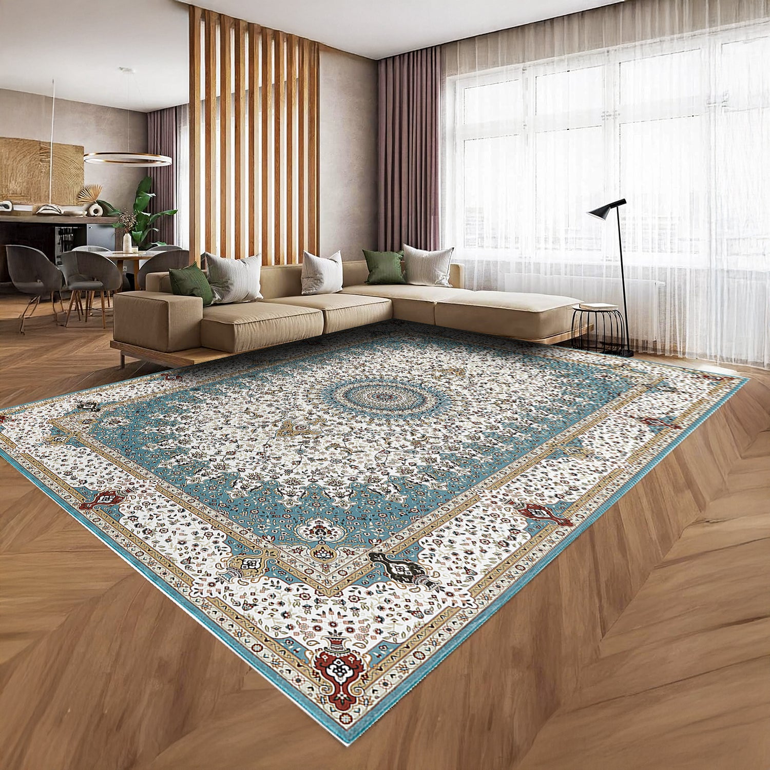 Teal & Cream Persian Medallion Washable Rug - Traditional Floral Area Carpet