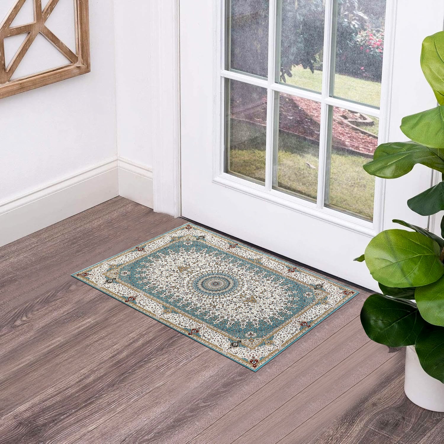 Teal & Cream Persian Medallion Washable Rug - Traditional Floral Area Carpet
