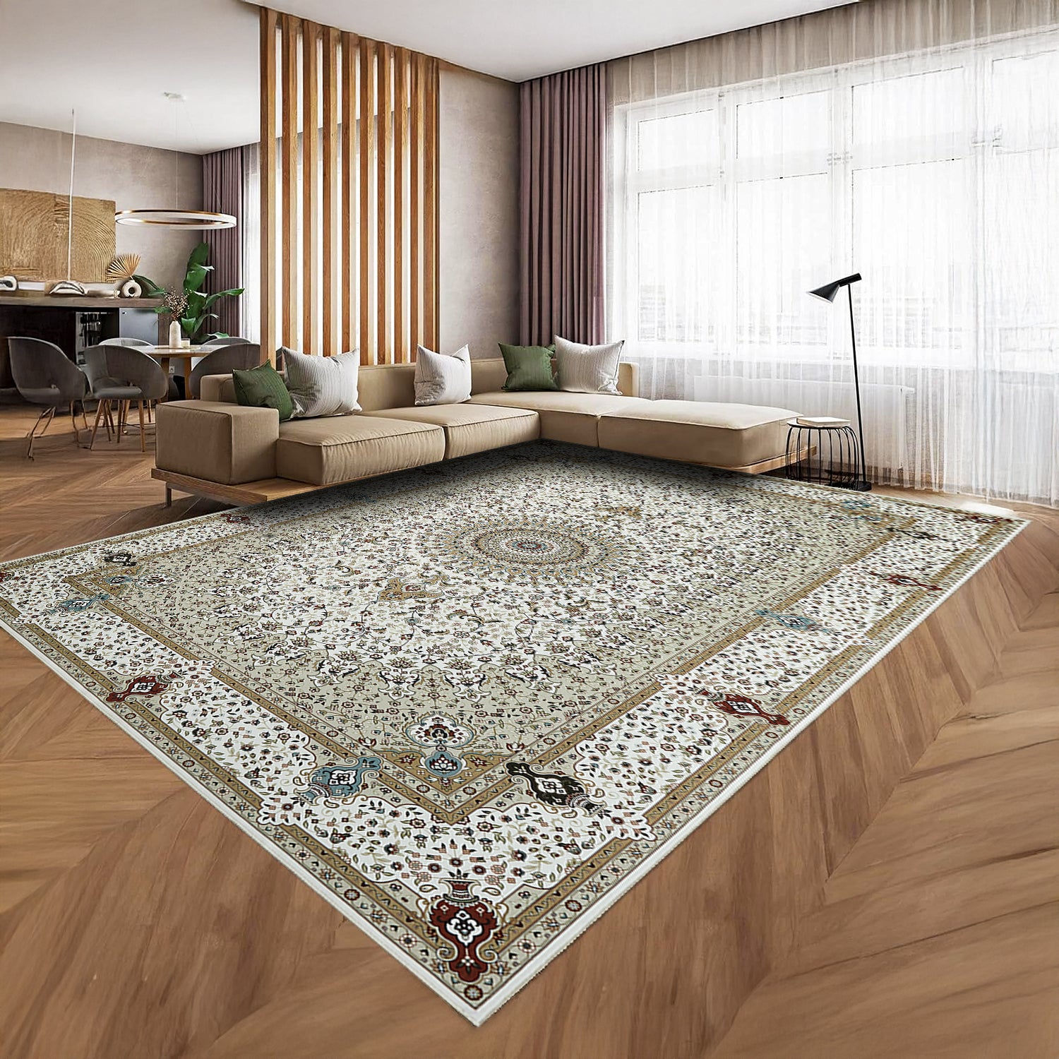 Beige & Cream Persian Medallion Washable Rug - Classic Oriental Carpet
