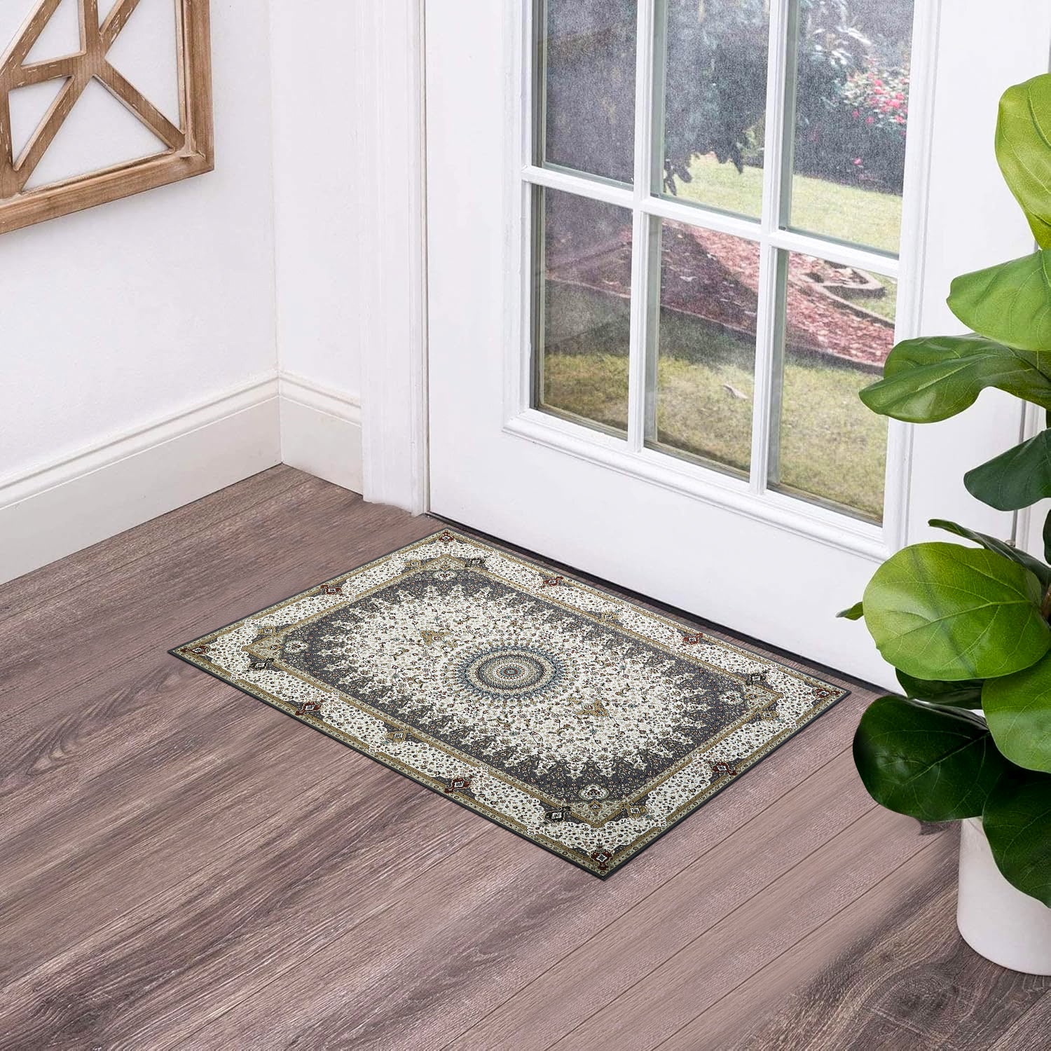Grey & Cream Persian Rosette Medallion Washable Rug - Traditional Isfahan Carpet