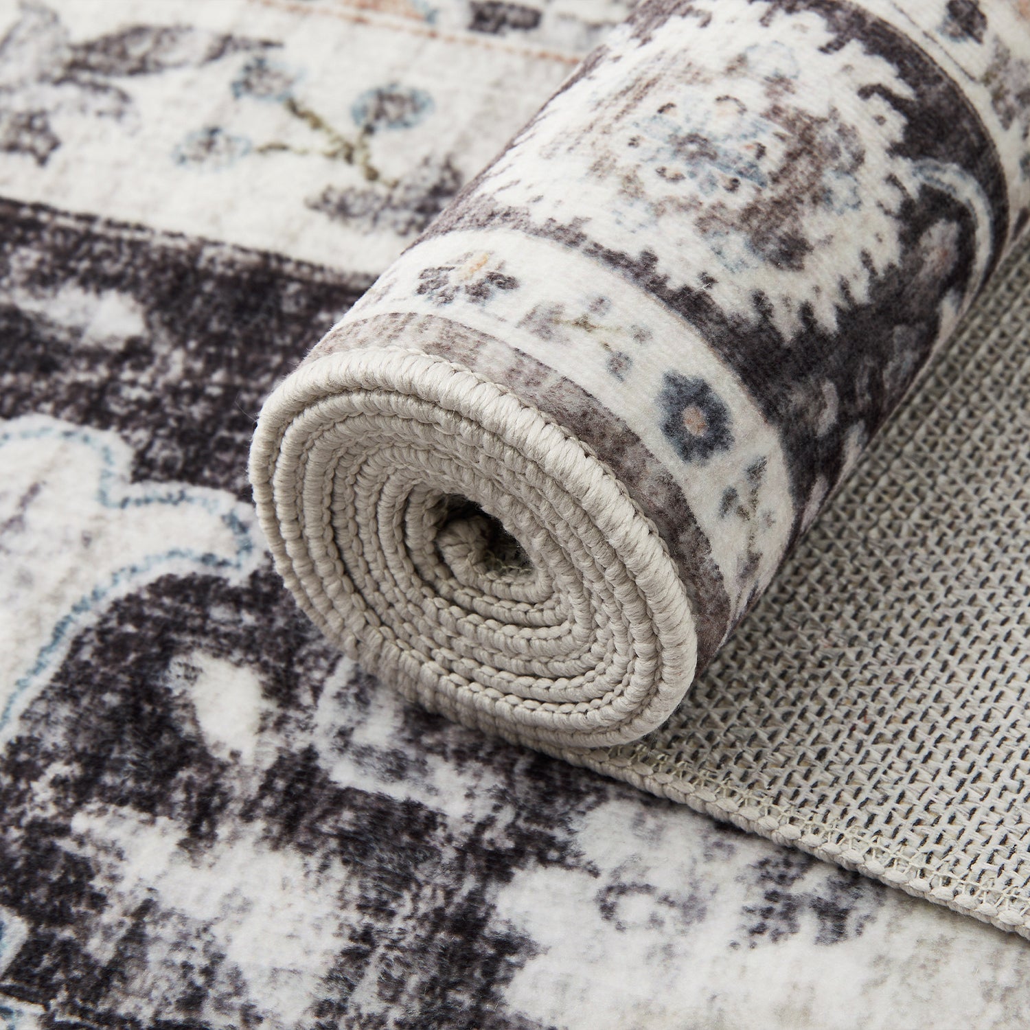 Charcoal & Brown Distressed Persian Floral Washable Rug - Traditional Border Carpet