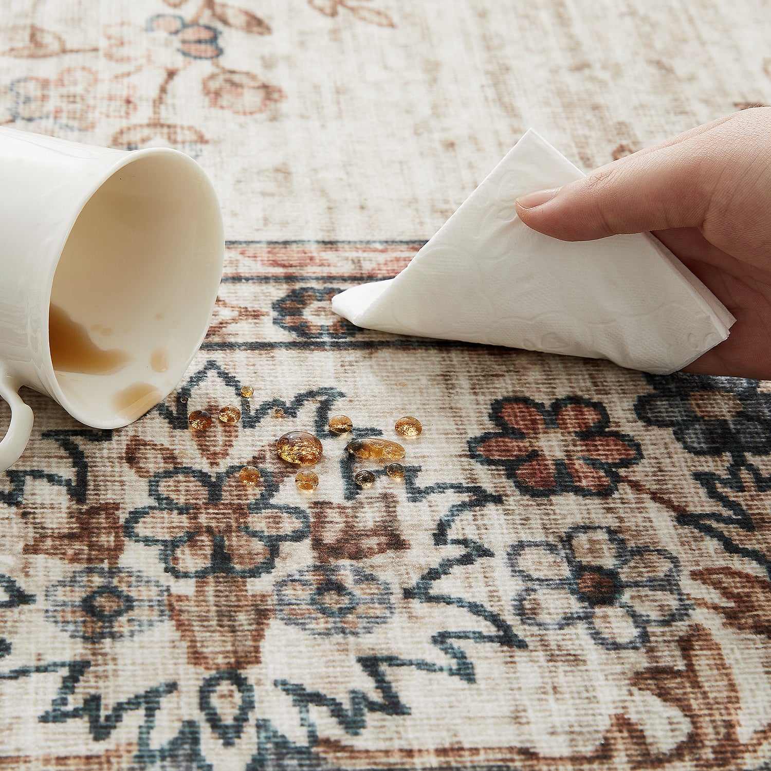 Beige & Terracotta Persian Floral Medallion Washable Rug - Vintage Distressed Carpet