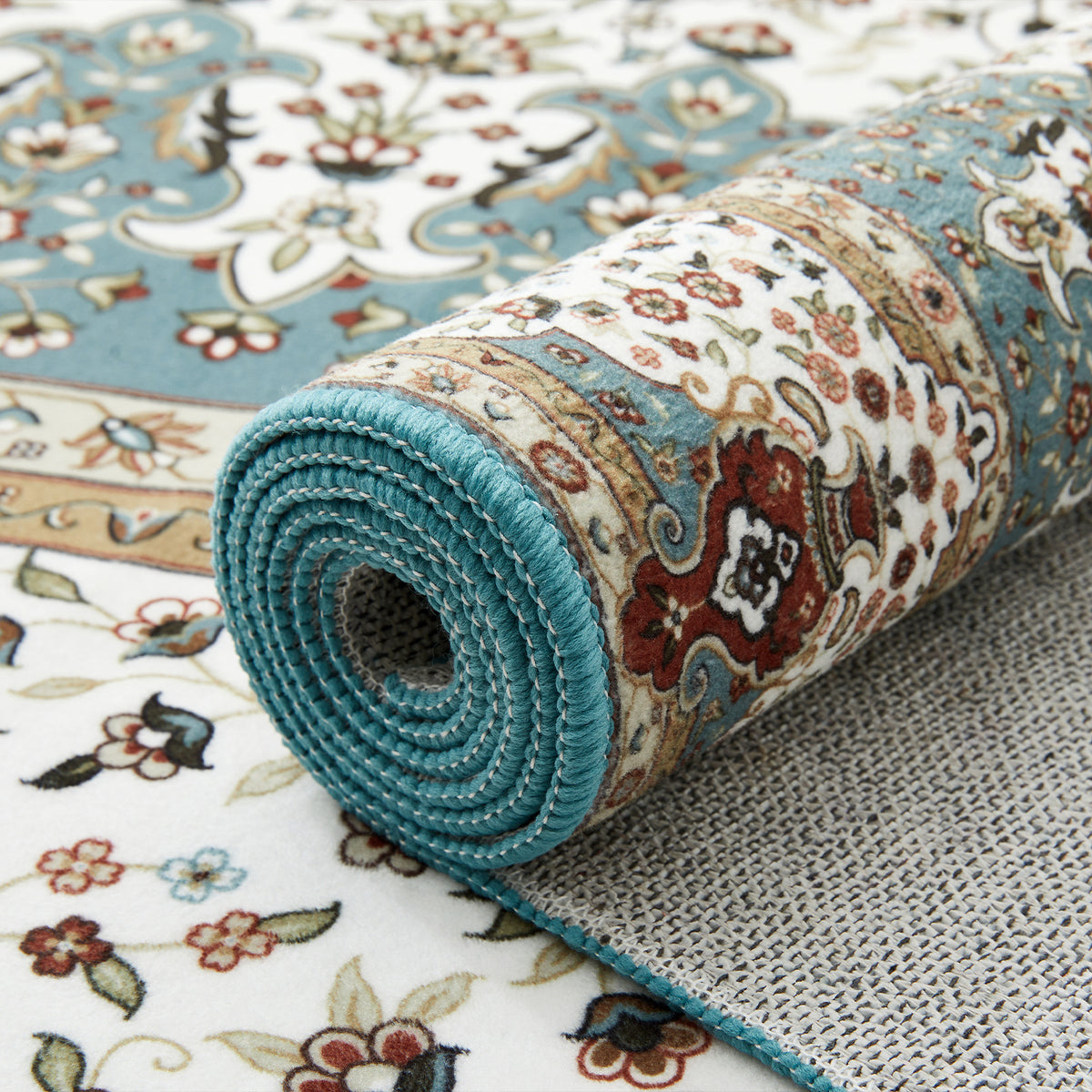 Teal & Cream Persian Medallion Washable Rug - Traditional Floral Area Carpet