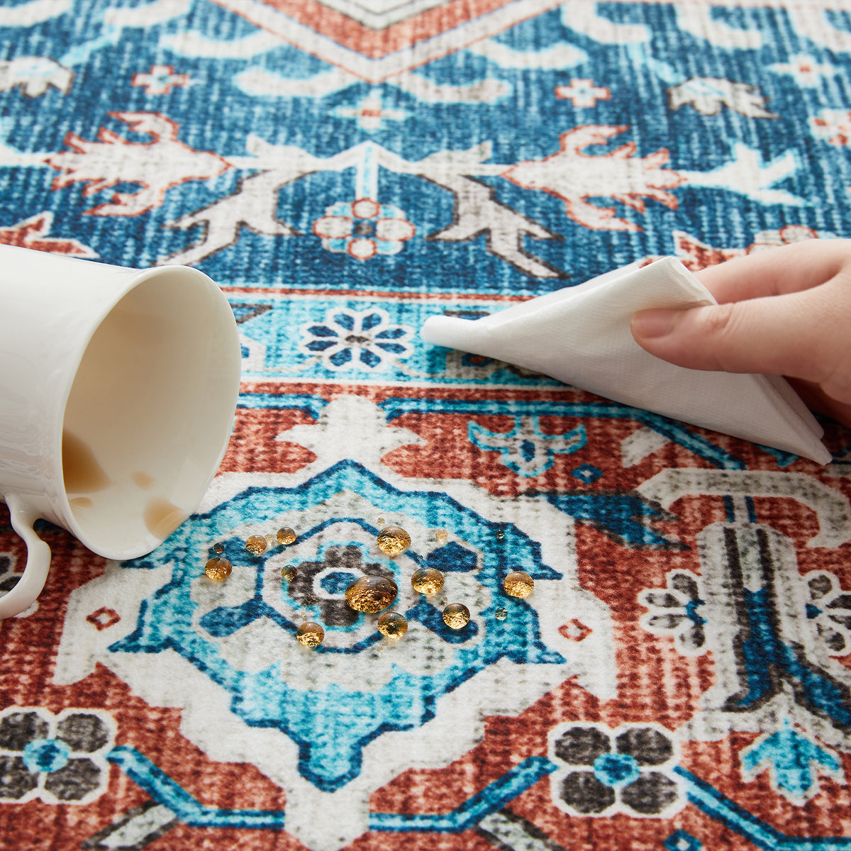 Turquoise & Terracotta Heriz Medallion Washable Carpet Rug - Classic Persian Style