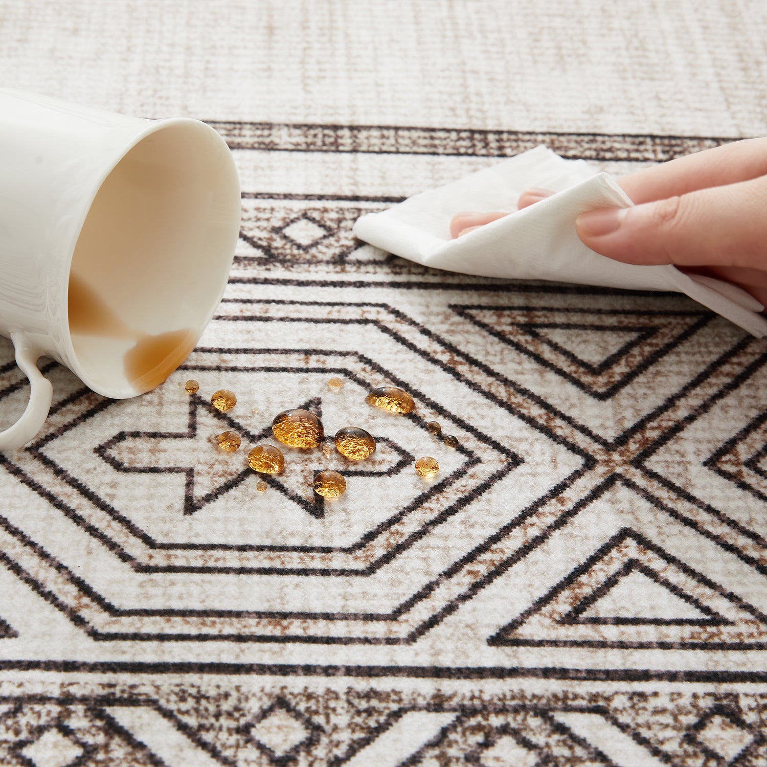 Neutral Cream & Brown Tribal Kilim Washable Runner Rug - Scandinavian Boho Carpet