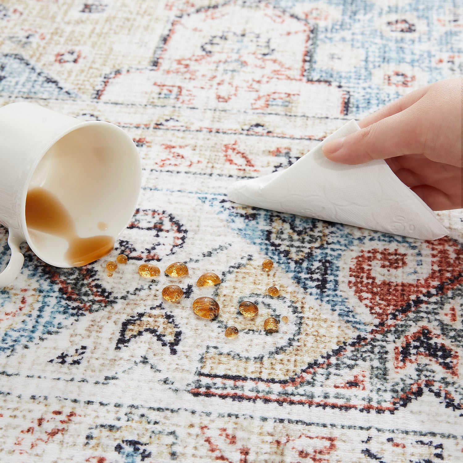 Beige & Blue Multi Mamluk Star Lattice Washable Vintage Area Rug