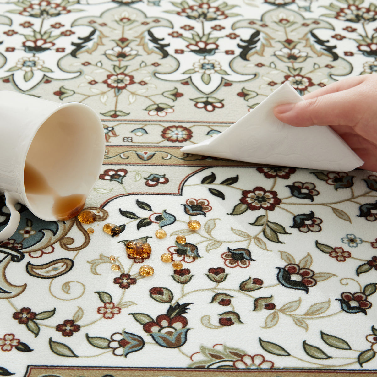 Beige & Cream Persian Medallion Washable Rug - Classic Oriental Carpet