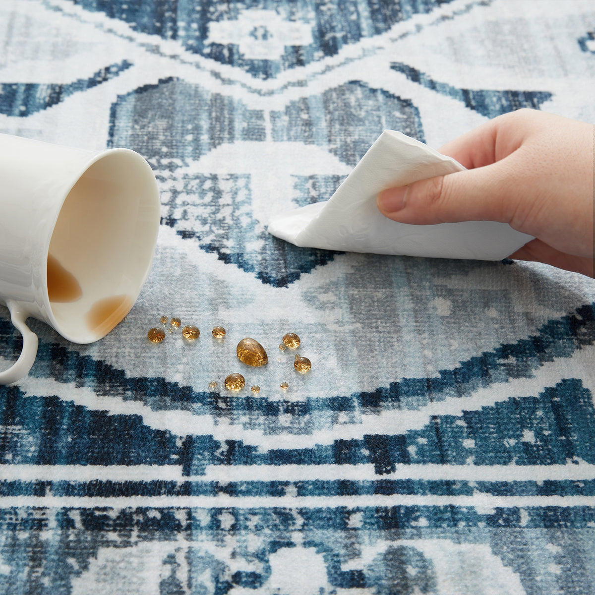 Blue Distressed Heriz Medallion Washable Rug - Persian Geometric Area Carpet