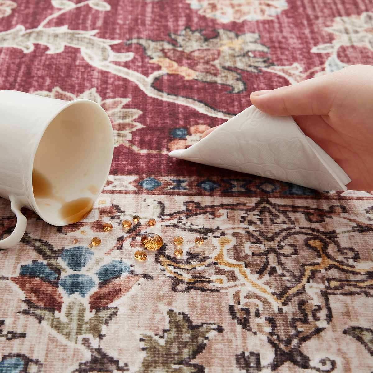 Burgundy & Beige Persian Floral Medallion Washable Rug - Classic Kashan/Tabriz Carpet