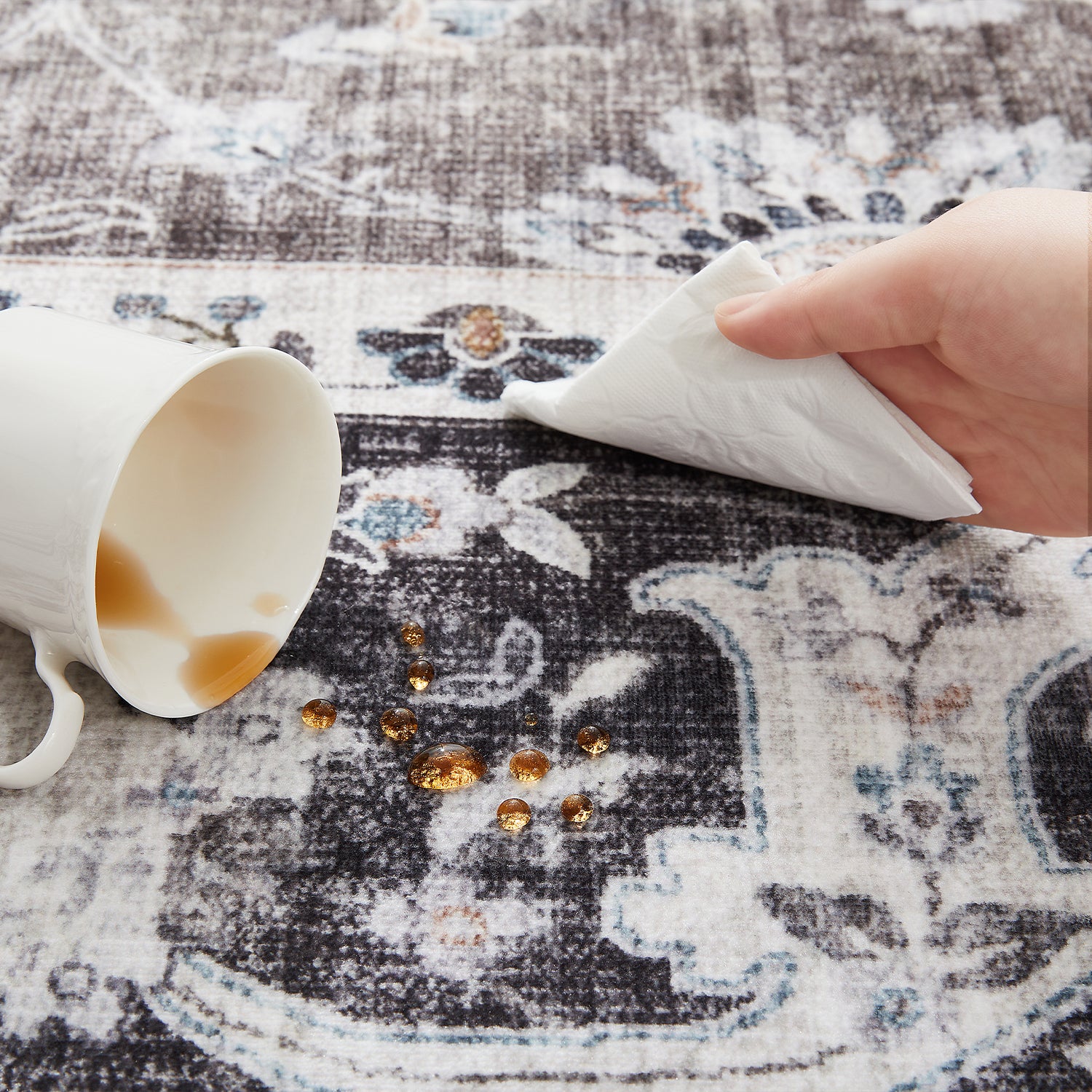 Charcoal & Brown Distressed Persian Floral Washable Rug - Traditional Border Carpet