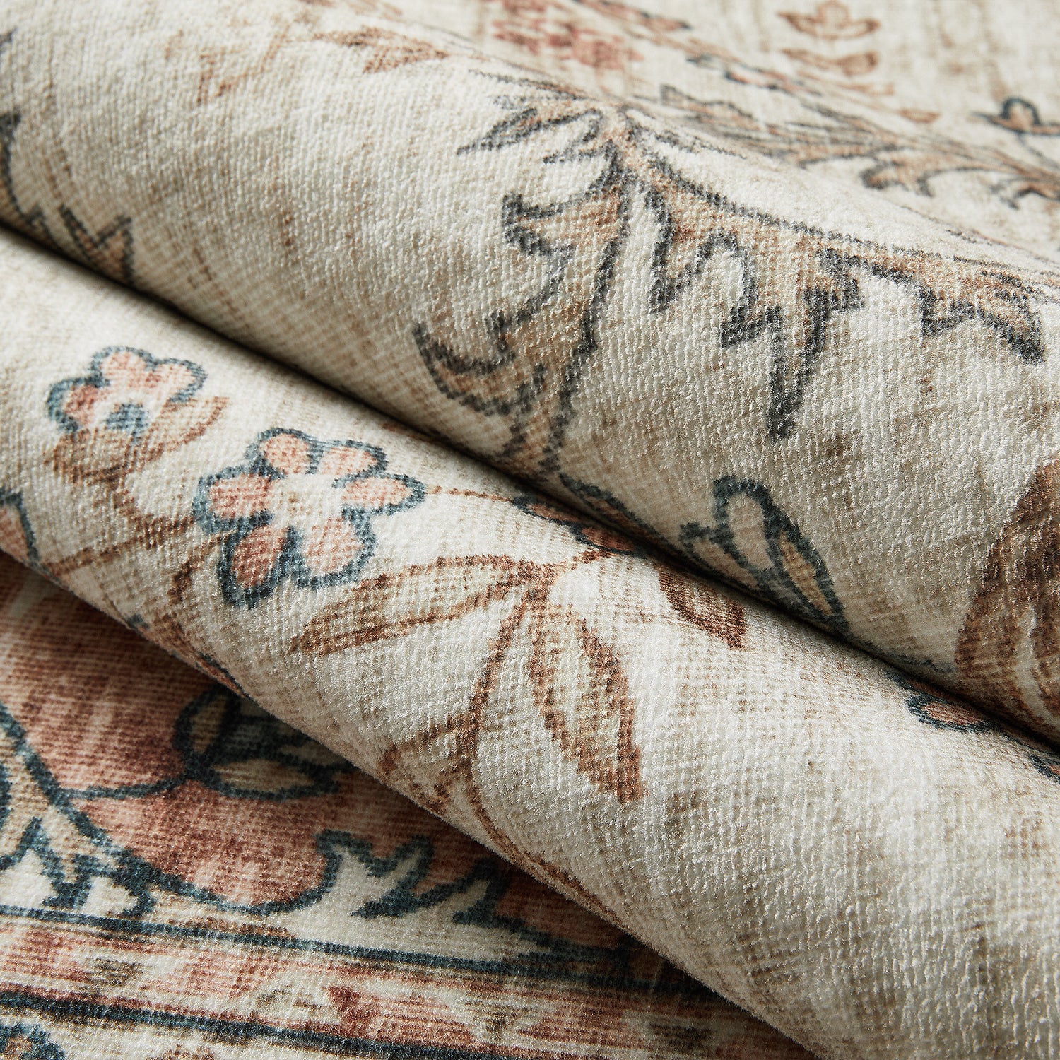 Beige & Terracotta Persian Floral Medallion Washable Rug - Vintage Distressed Carpet