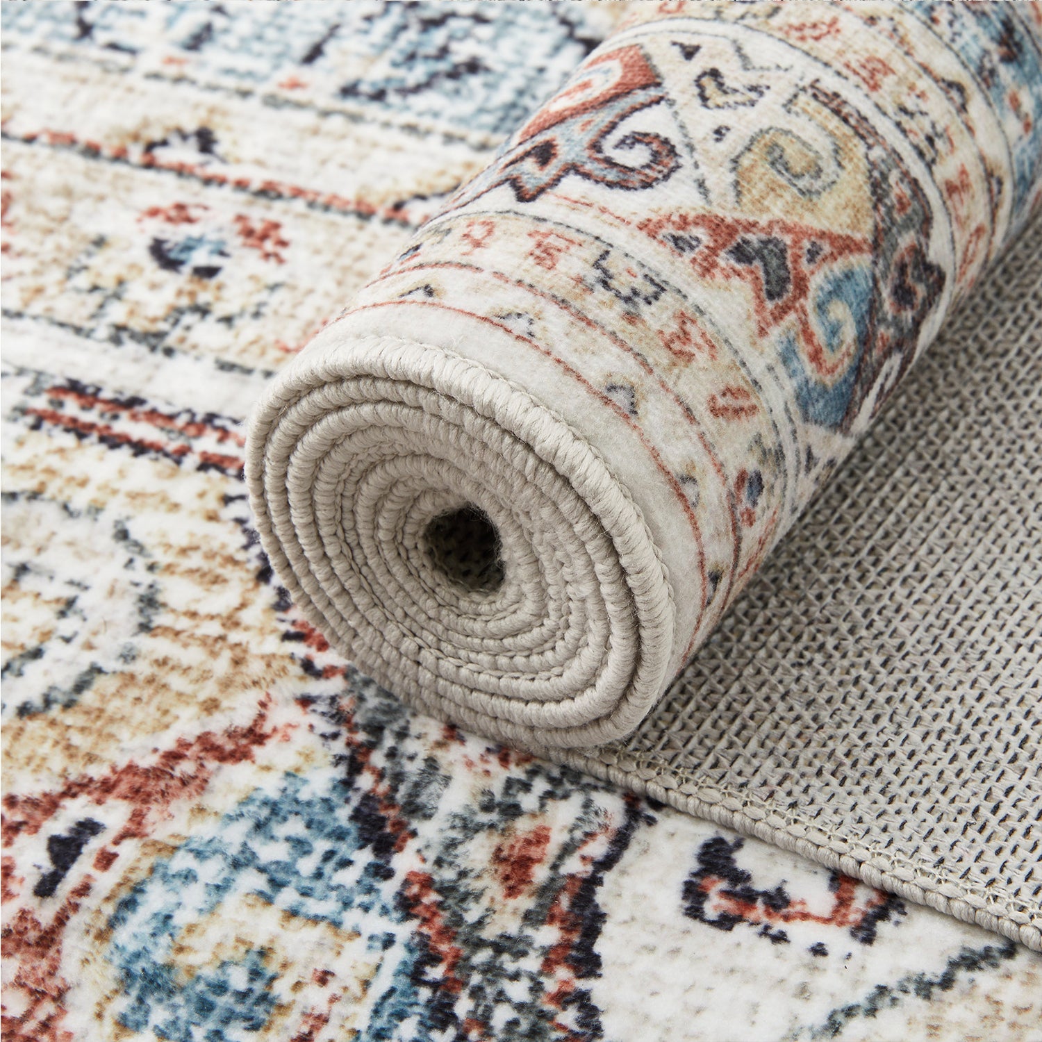 Beige & Blue Multi Mamluk Star Lattice Washable Vintage Area Rug