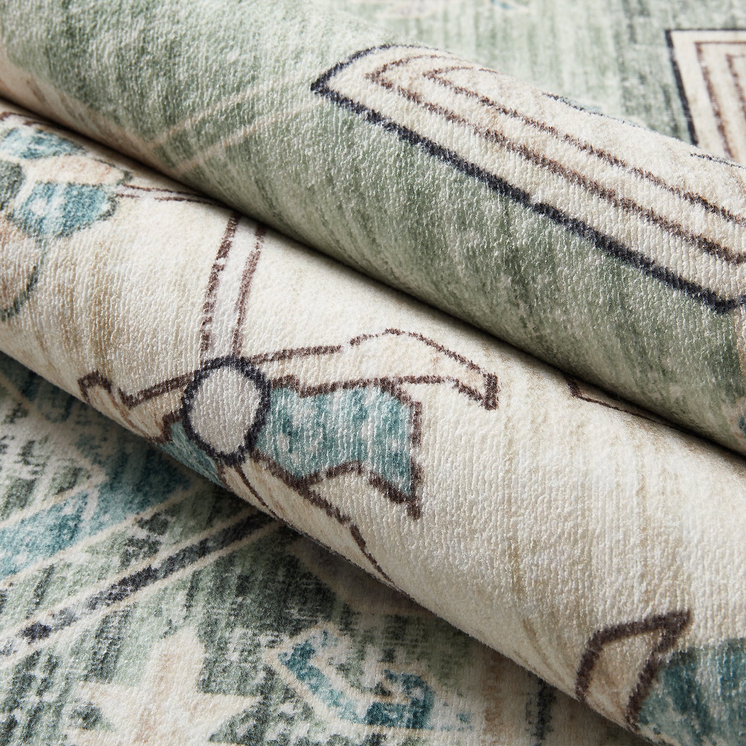Sage Green Heriz Medallion Washable Rug - Vintage Distressed Persian Geometric Carpet