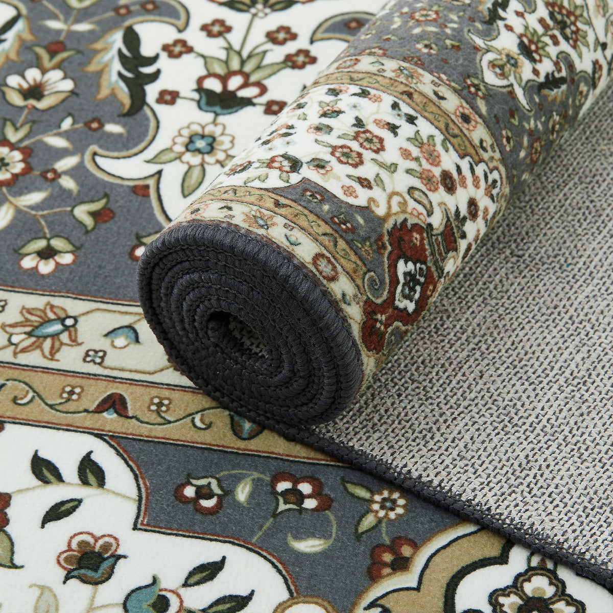 Grey & Cream Persian Rosette Medallion Washable Rug - Traditional Isfahan Carpet