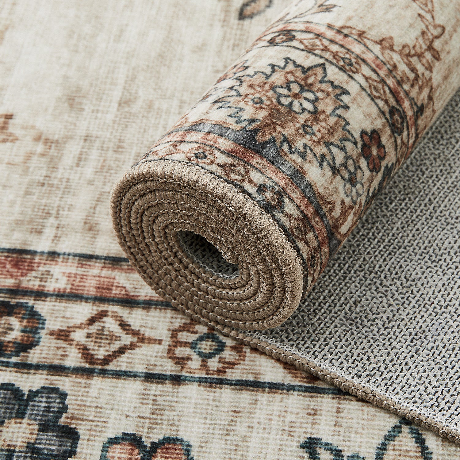 Beige & Terracotta Persian Floral Medallion Washable Rug - Vintage Distressed Carpet