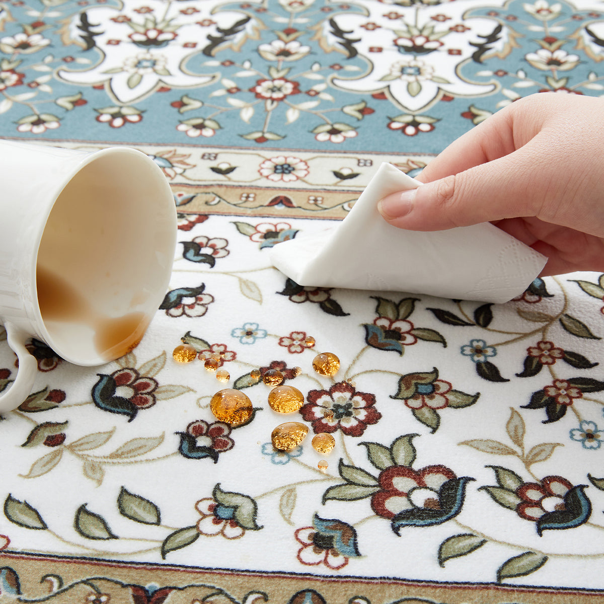 Teal & Cream Persian Medallion Washable Rug - Traditional Floral Area Carpet