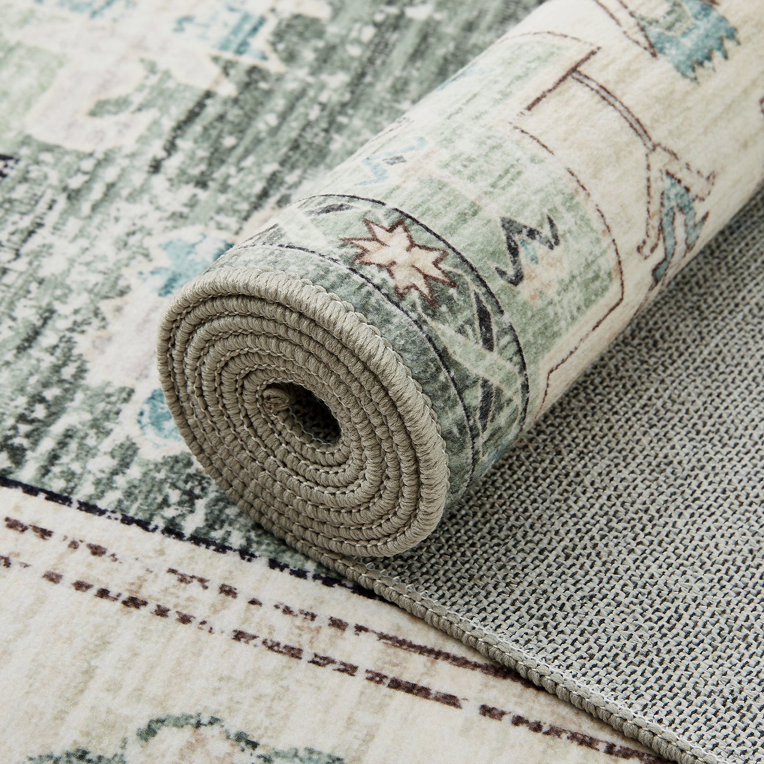 Sage Green Heriz Medallion Washable Rug - Vintage Distressed Persian Geometric Carpet